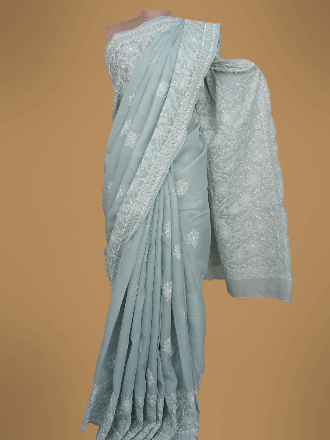 Ada Hand Embroidered Grey Cotton Lucknowi Chikankari Saree and Blouse 01A713083