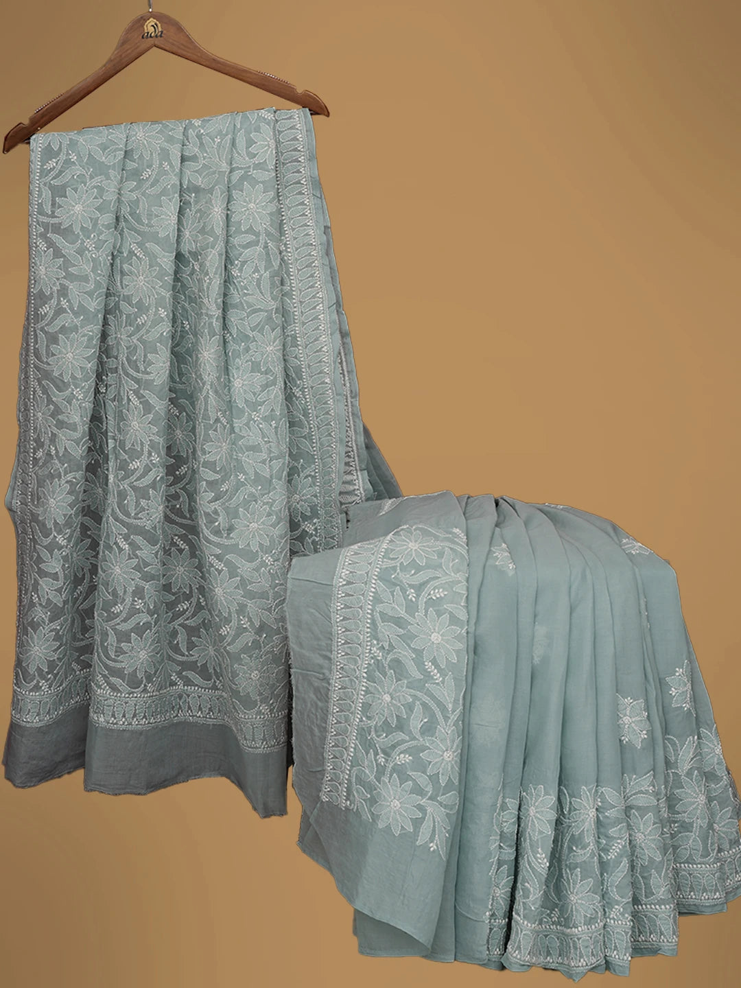 Ada Hand Embroidered Grey Cotton Lucknowi Chikankari Saree and Blouse 01A713083