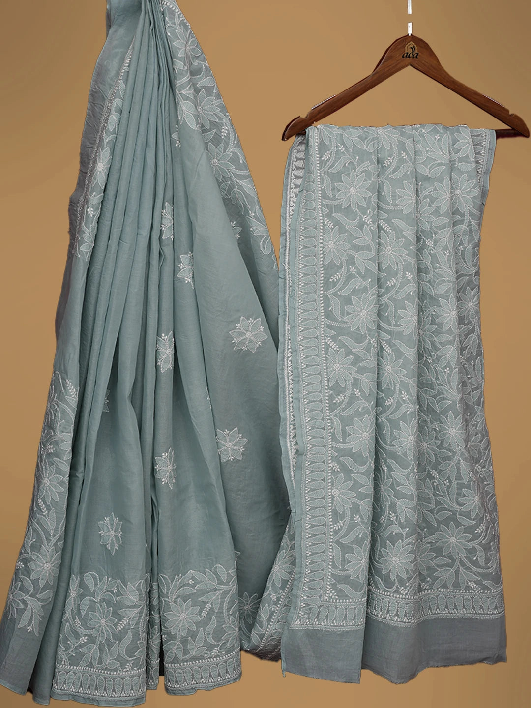 Ada Hand Embroidered Grey Cotton Lucknowi Chikankari Saree and Blouse 01A713083