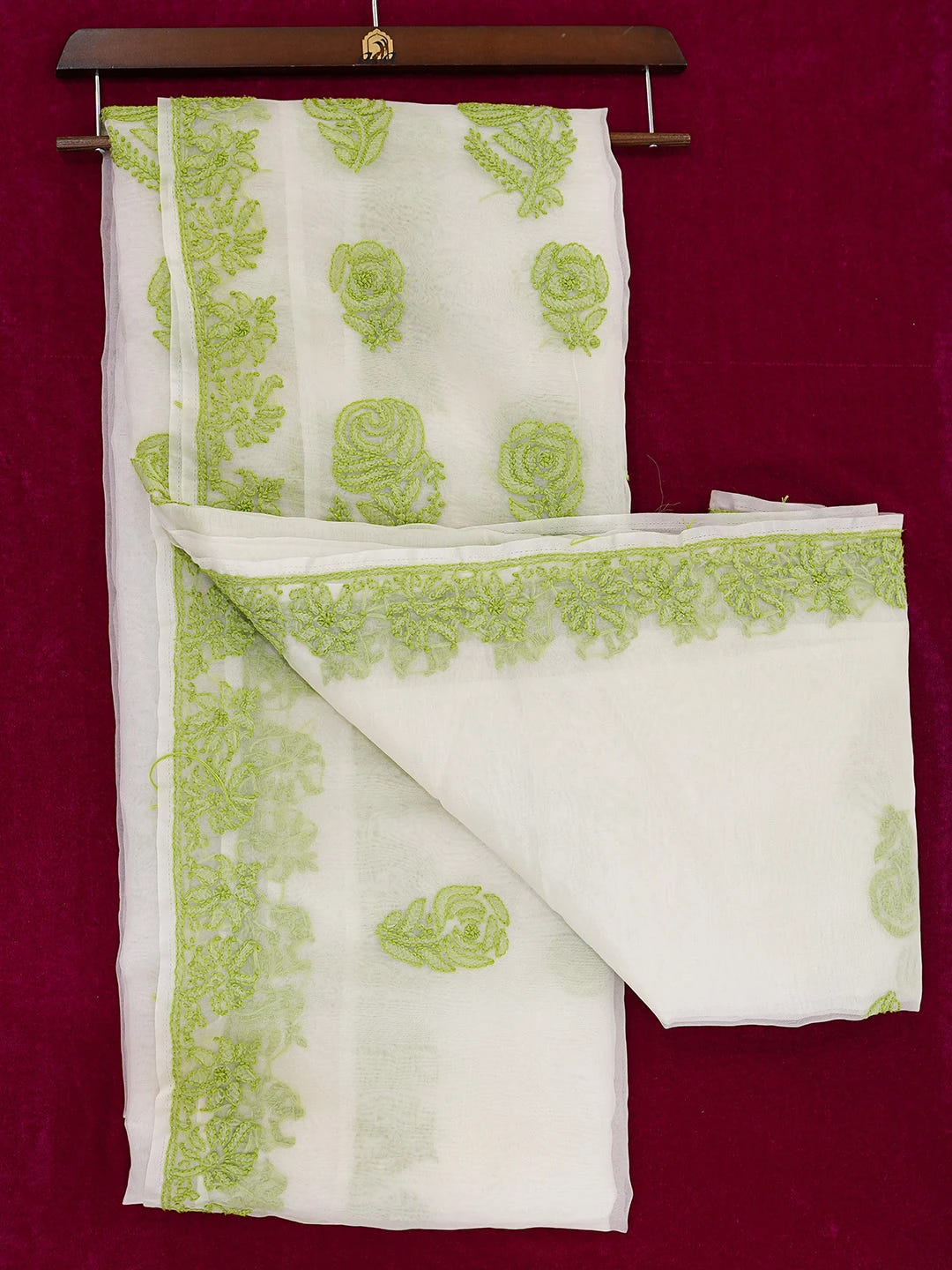 Ada Hand Embroidered White Organza Lucknowi Chikankari Saree and Blouse 01A704006