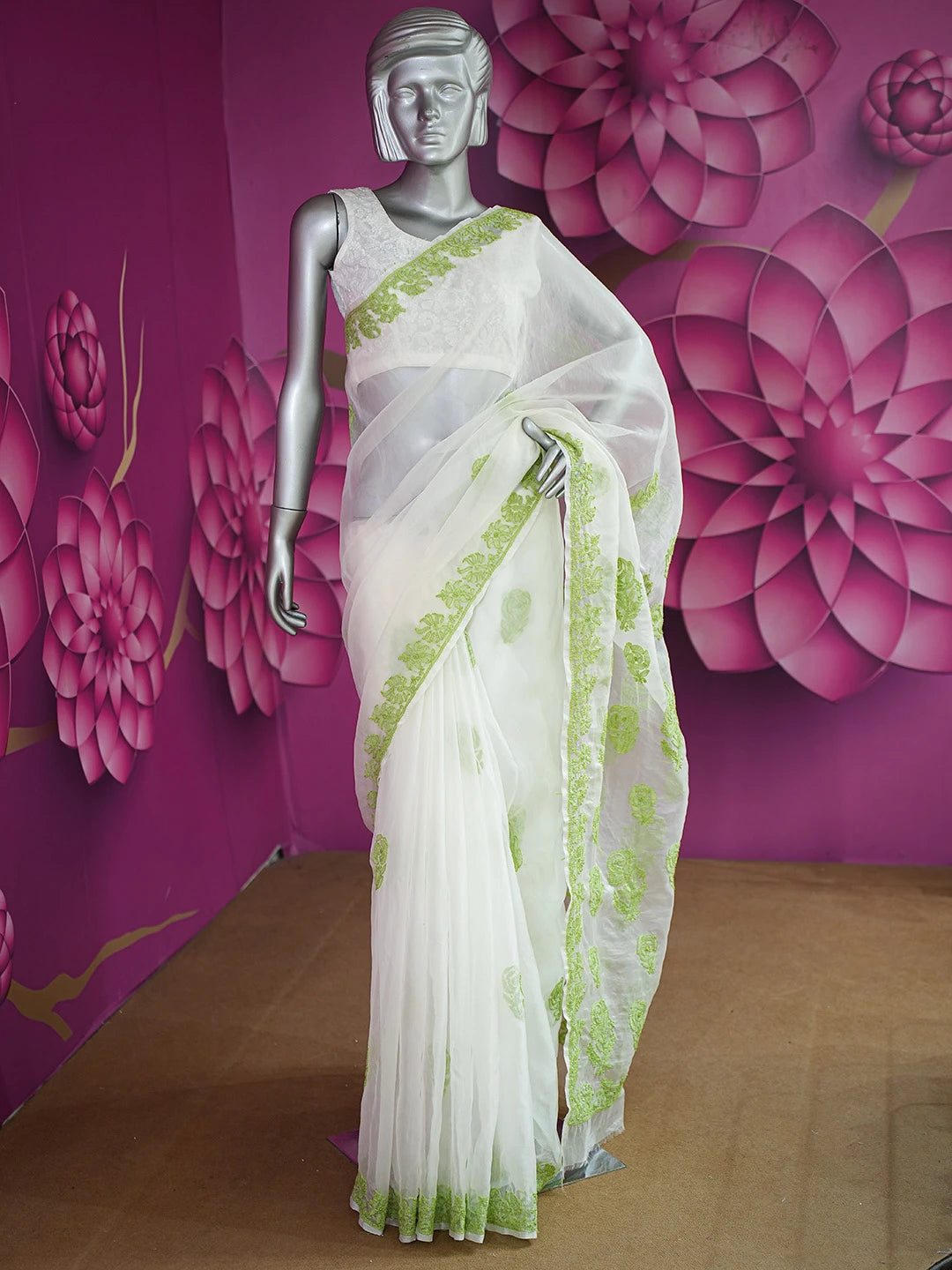 Ada Hand Embroidered White Organza Lucknowi Chikankari Saree and Blouse 01A704006