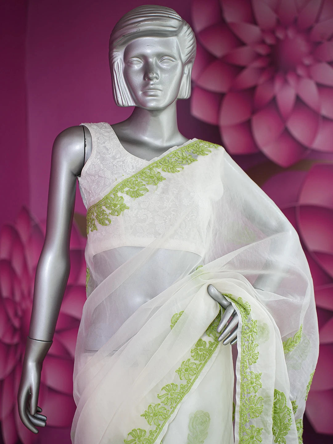 Ada Hand Embroidered White Organza Lucknowi Chikankari Saree and Blouse 01A704006