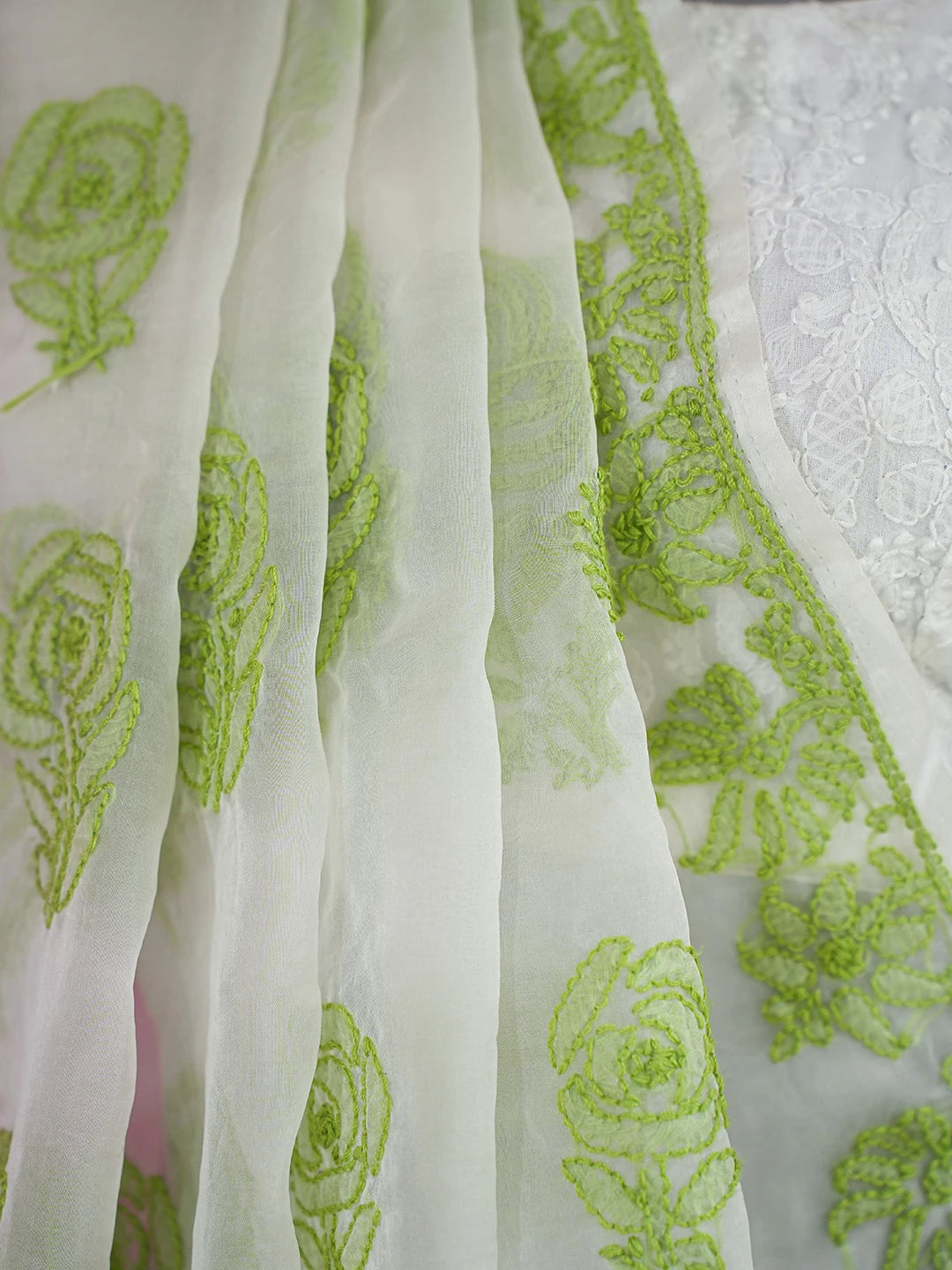 Ada Hand Embroidered White Organza Lucknowi Chikankari Saree and Blouse 01A704006