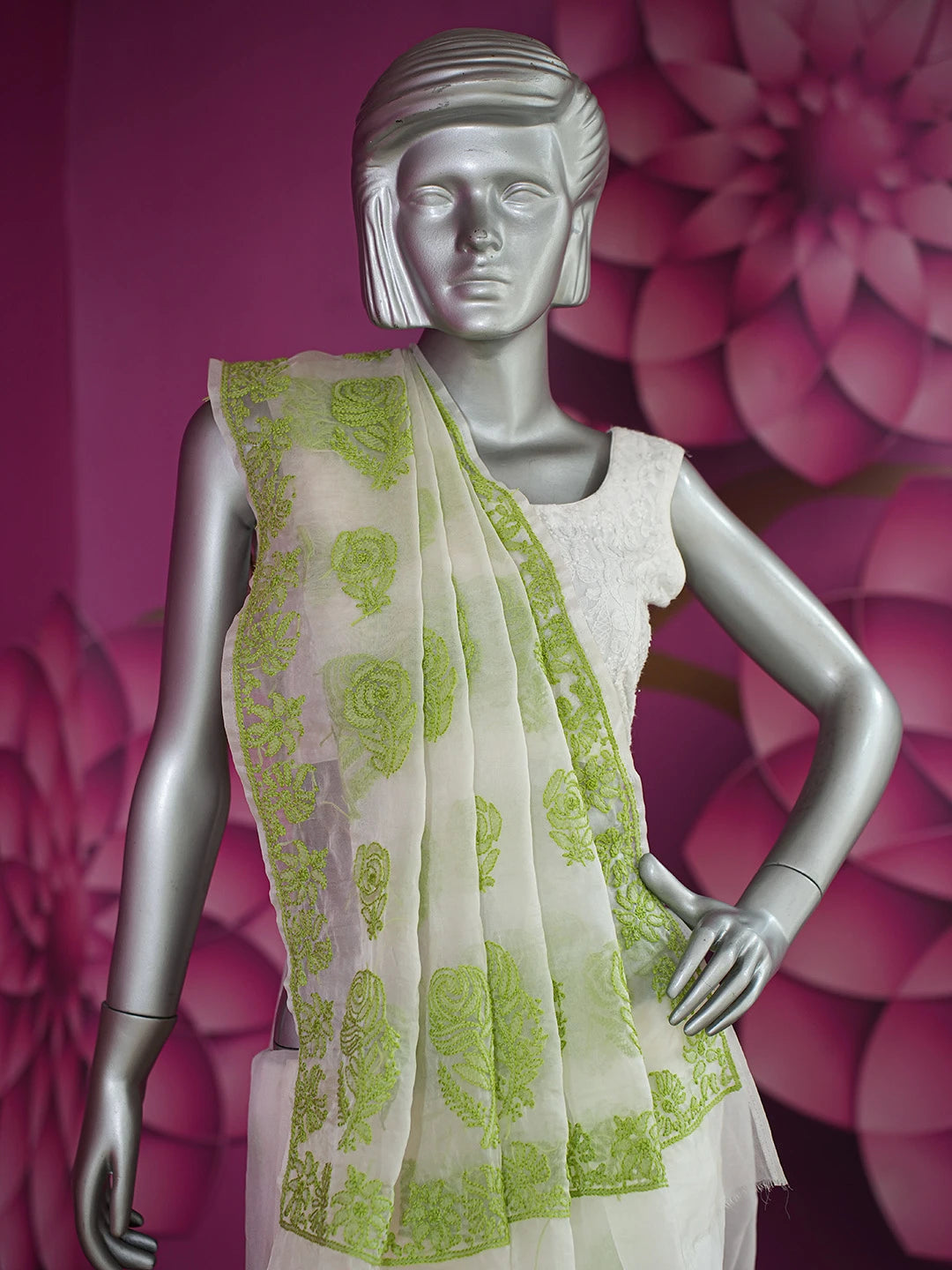 Ada Hand Embroidered White Organza Lucknowi Chikankari Saree and Blouse 01A704006