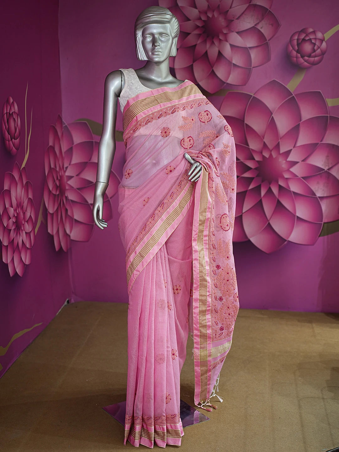 Ada Hand Embroidered Pink Kota Chanderi Lucknowi Chikankari Saree and Blouse 01A680968