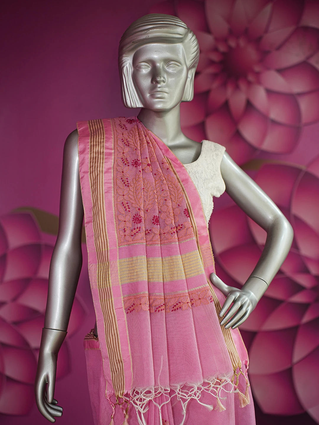 Ada Hand Embroidered Pink Kota Chanderi Lucknowi Chikankari Saree and Blouse 01A680968