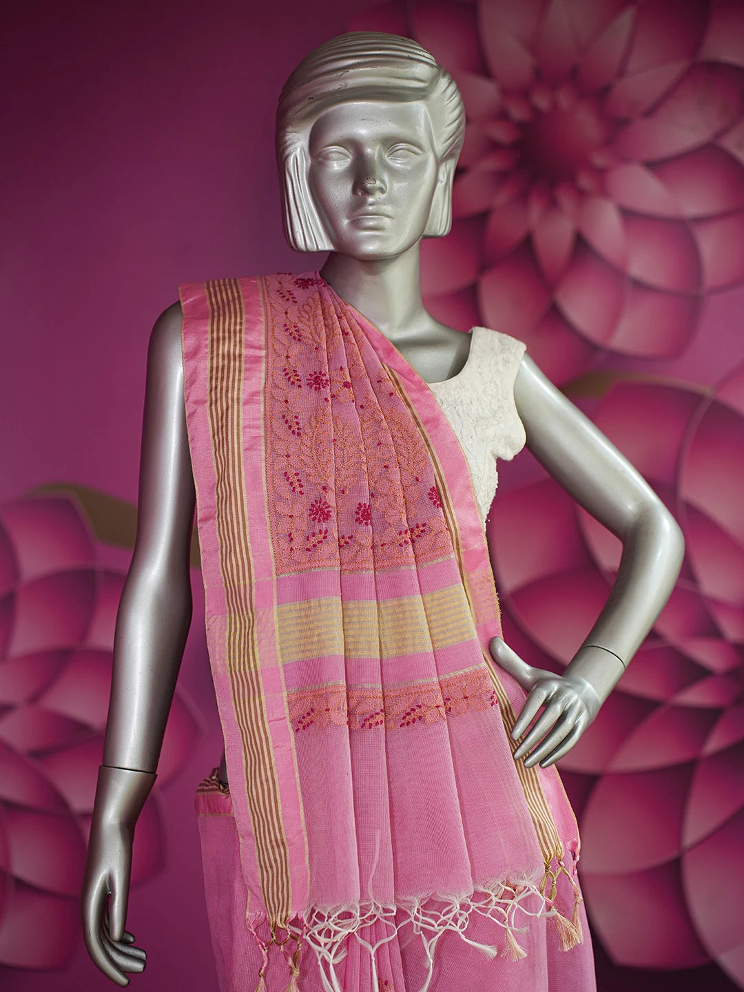 Ada Hand Embroidered Pink Kota Chanderi Lucknowi Chikankari Saree and Blouse 01A680968