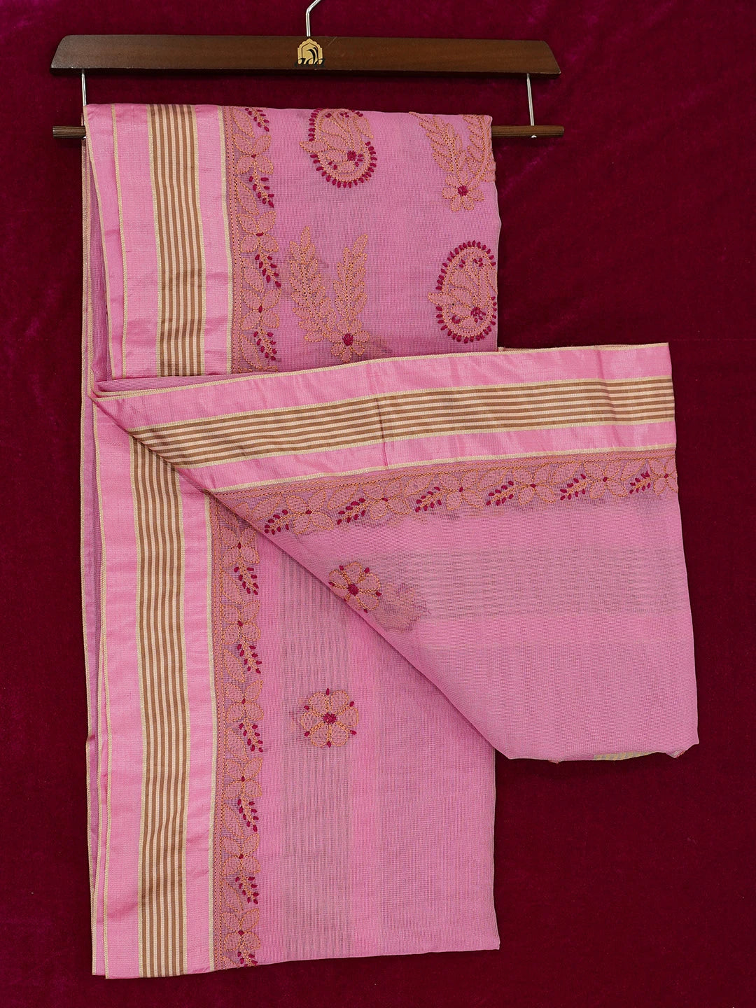 Ada Hand Embroidered Pink Kota Chanderi Lucknowi Chikankari Saree and Blouse 01A680968