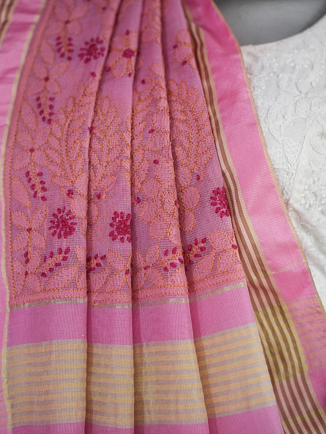 Ada Hand Embroidered Pink Kota Chanderi Lucknowi Chikankari Saree and Blouse 01A680968