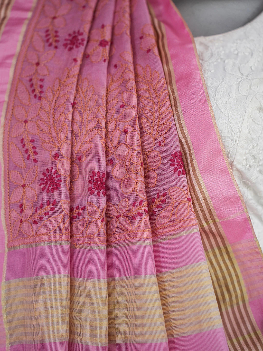 Ada Hand Embroidered Pink Kota Chanderi Lucknowi Chikankari Saree and Blouse 01A680968