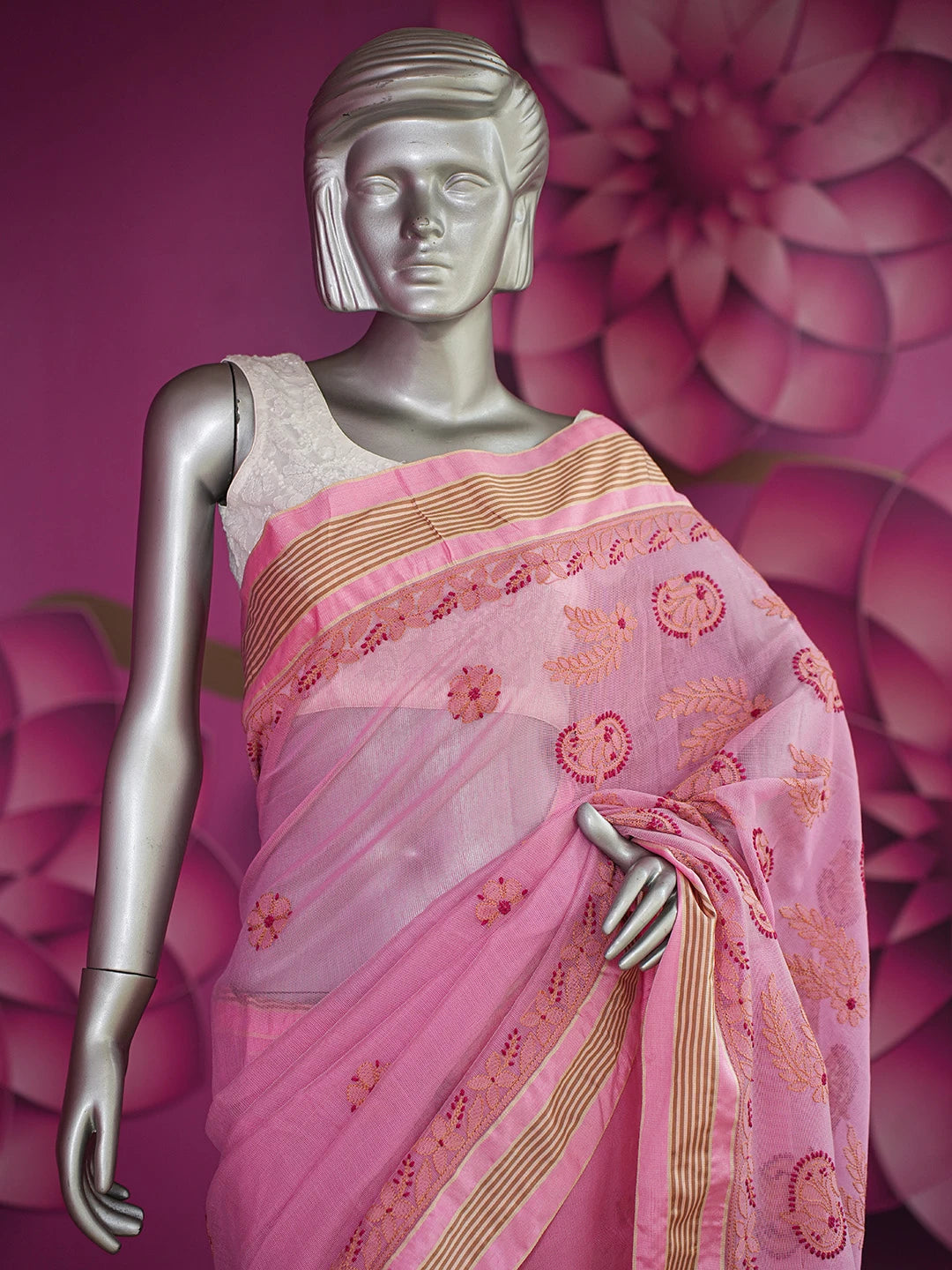 Ada Hand Embroidered Pink Kota Chanderi Lucknowi Chikankari Saree and Blouse 01A680968