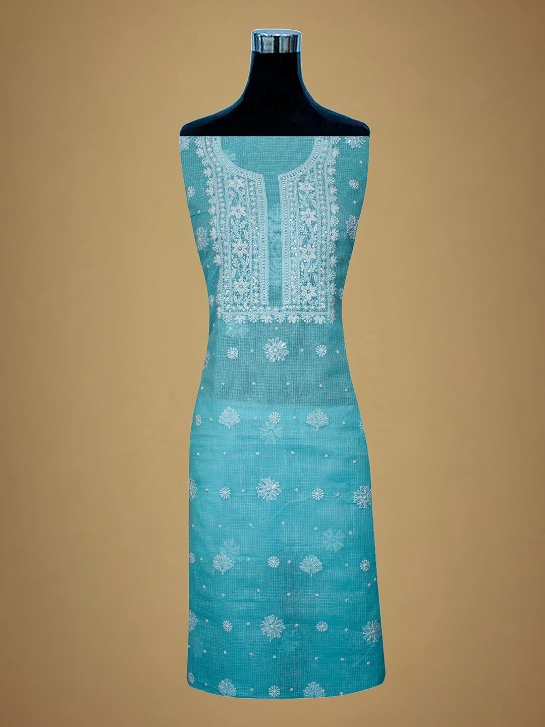 Ada Hand Embroidered Blue Kota Lucknowi Chikankari Unstitched Kurta Dupatta Set with Pearl Work 01A548958