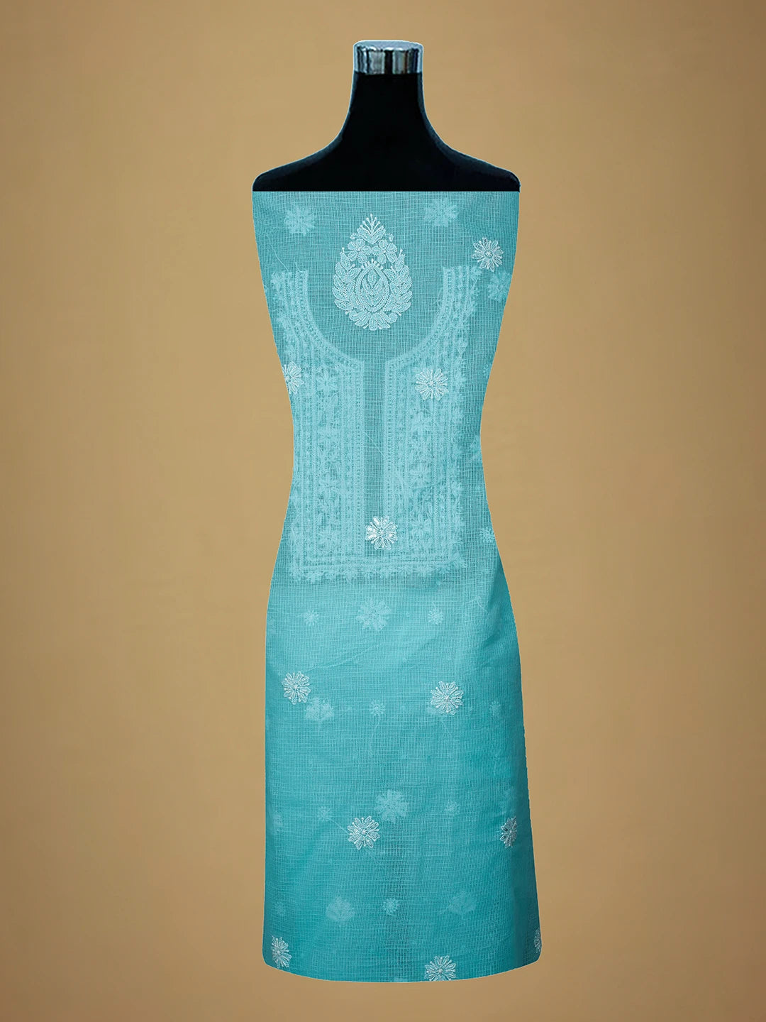 Ada Hand Embroidered Blue Kota Lucknowi Chikankari Unstitched Kurta Dupatta Set with Pearl Work 01A548958