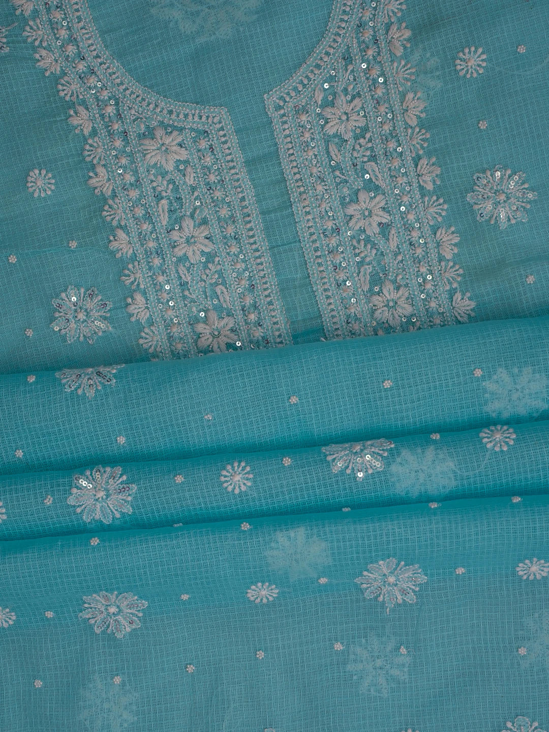 Ada Hand Embroidered Blue Kota Lucknowi Chikankari Unstitched Kurta Dupatta Set with Pearl Work 01A548958