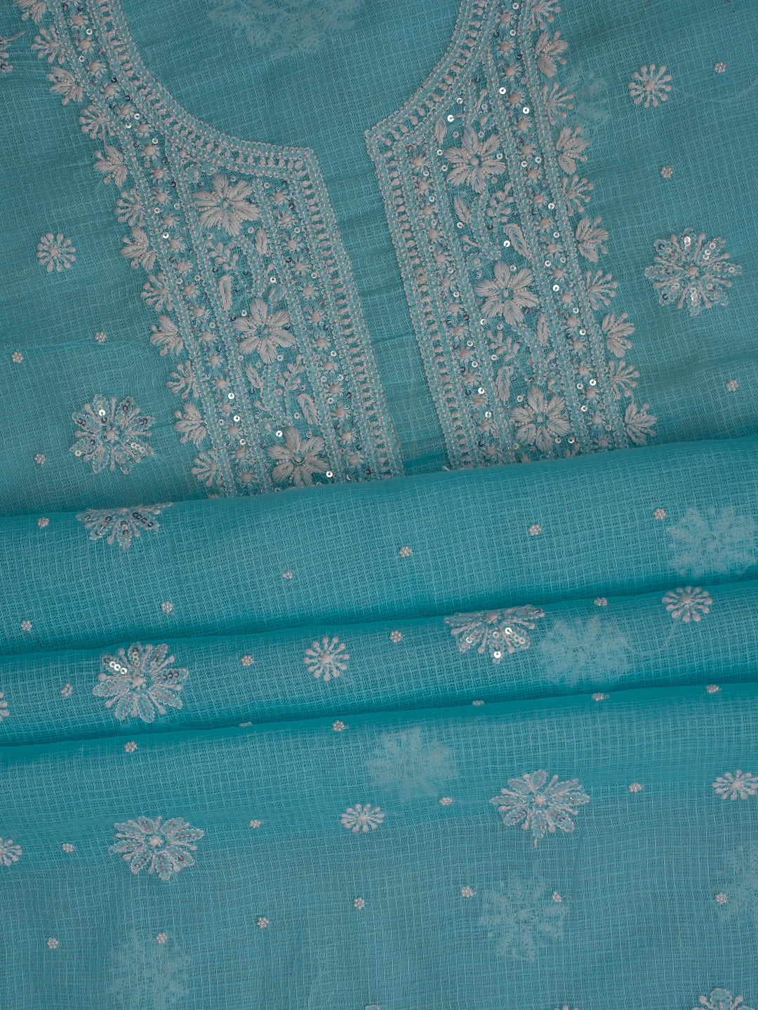 Ada Hand Embroidered Blue Kota Lucknowi Chikankari Unstitched Kurta Dupatta Set with Pearl Work 01A548958