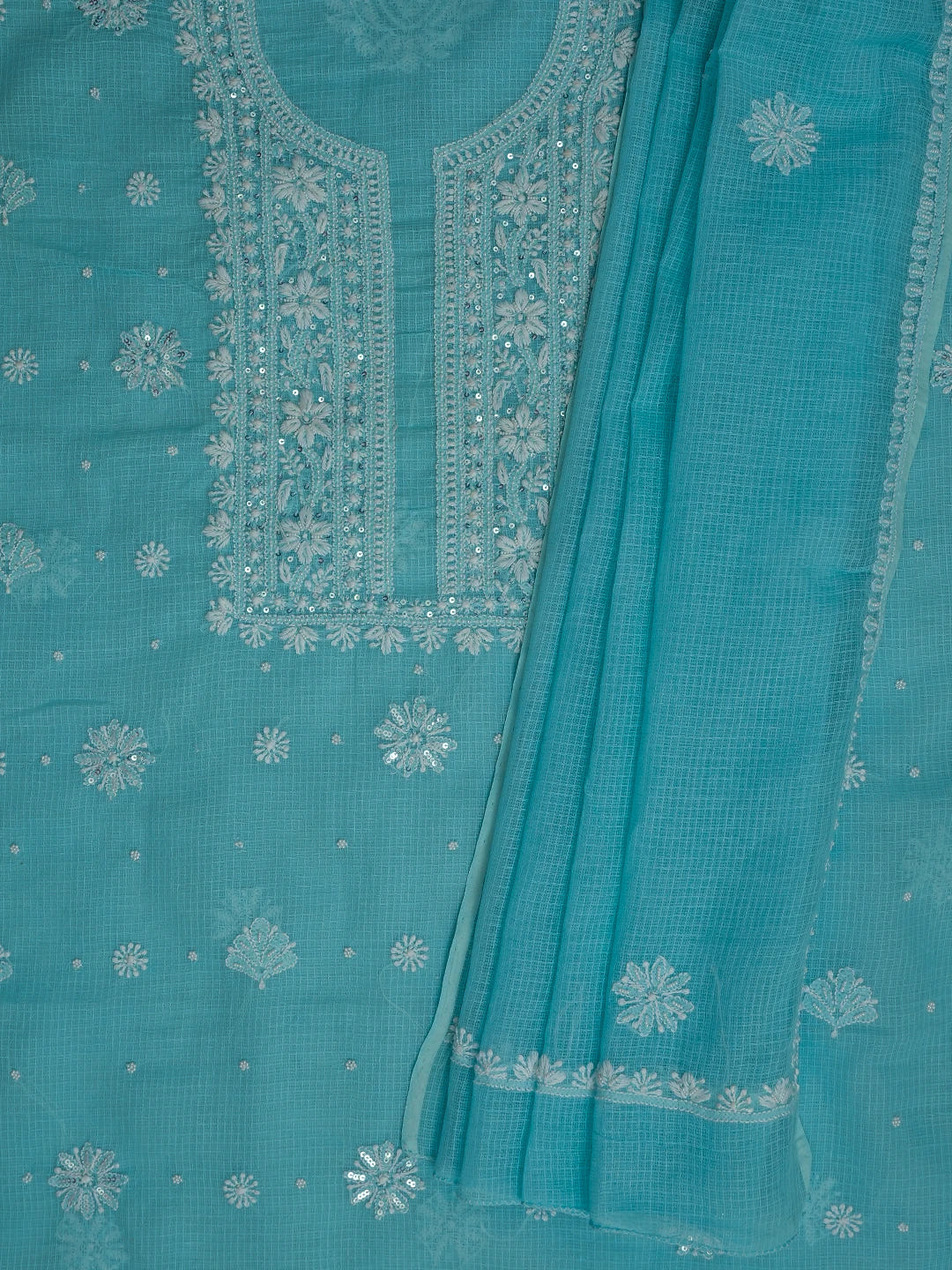 Ada Hand Embroidered Blue Kota Lucknowi Chikankari Unstitched Kurta Dupatta Set with Pearl Work 01A548958