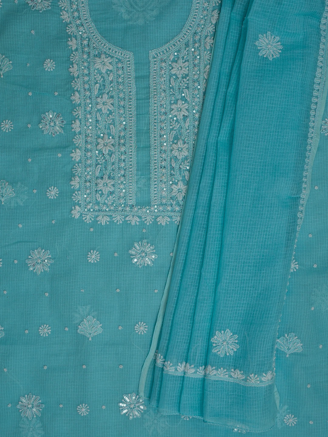 Ada Hand Embroidered Blue Kota Lucknowi Chikankari Unstitched Kurta Dupatta Set with Pearl Work 01A548958