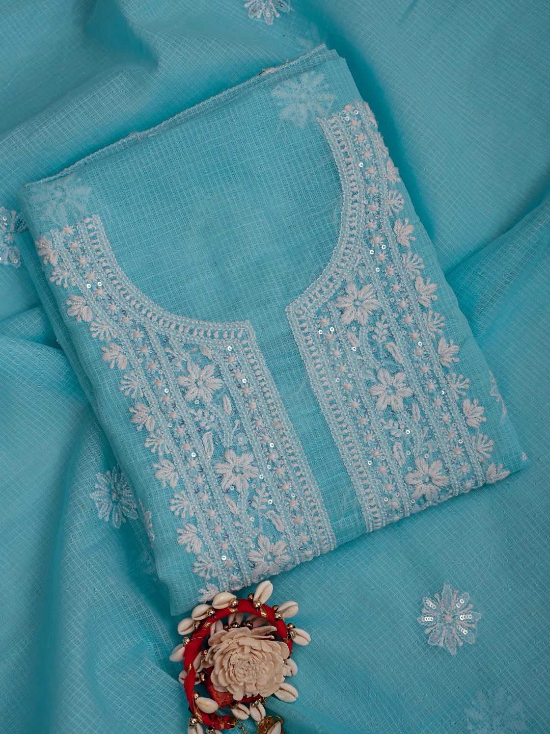 Ada Hand Embroidered Blue Kota Lucknowi Chikankari Unstitched Kurta Dupatta Set with Pearl Work 01A548958