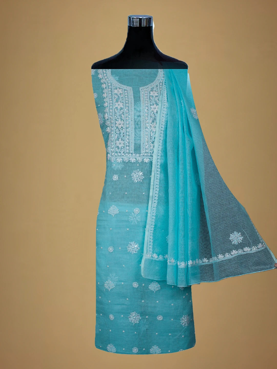 Ada Hand Embroidered Blue Kota Lucknowi Chikankari Unstitched Kurta Dupatta Set with Pearl Work 01A548958