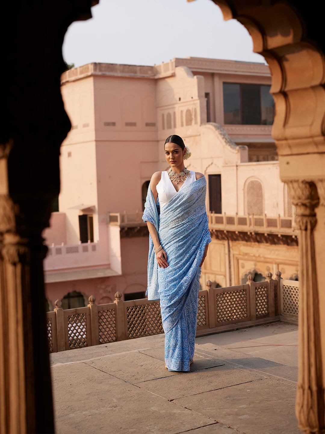 Ada Hand Embroidered Blue Pure Georgette Lucknowi Chikankari Saree and Blouse With Sequins Work 01A654413