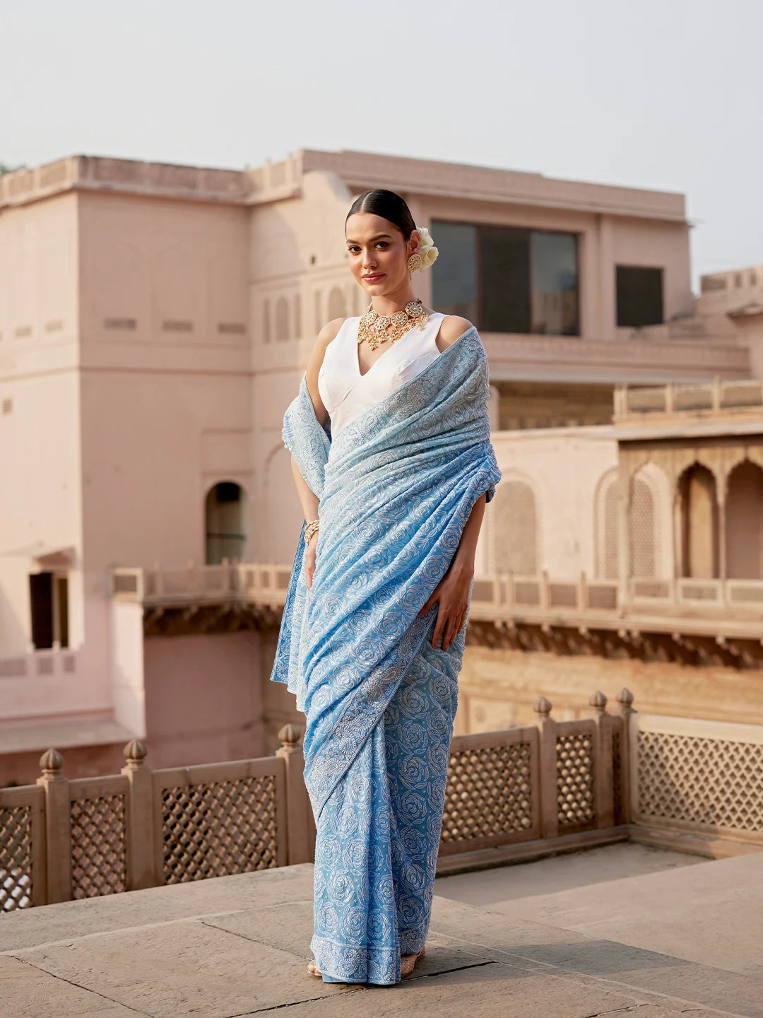 Ada Hand Embroidered Blue Pure Georgette Lucknowi Chikankari Saree and Blouse With Sequins Work 01A654413