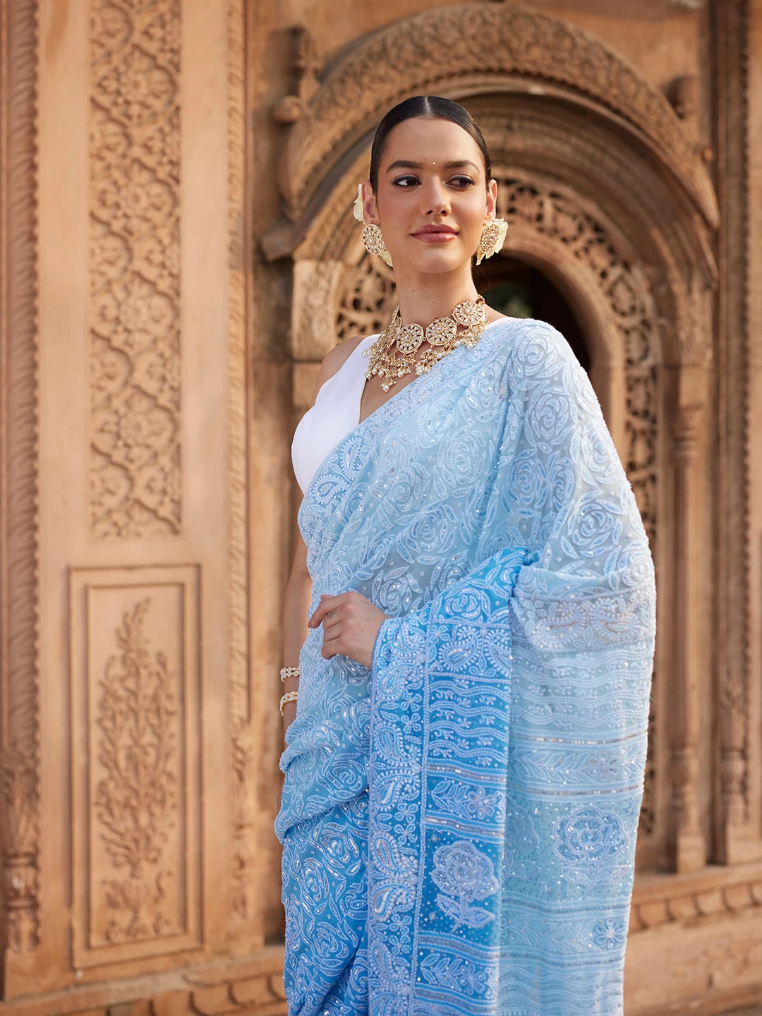 Ada Hand Embroidered Blue Pure Georgette Lucknowi Chikankari Saree and Blouse With Sequins Work 01A654413