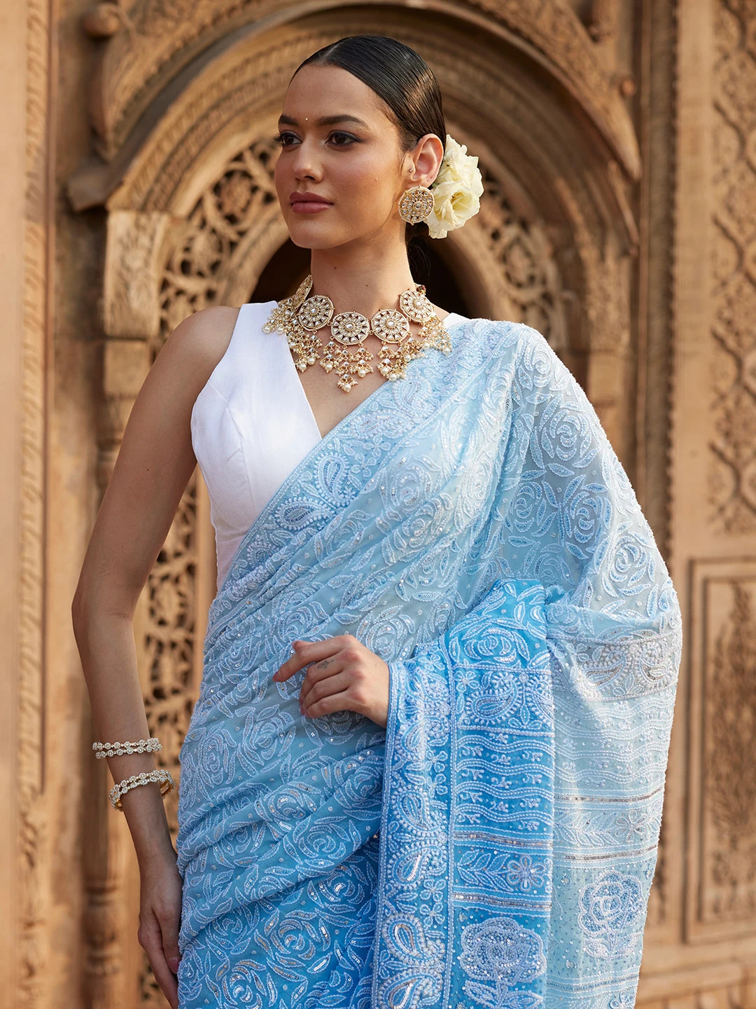 Ada Hand Embroidered Blue Pure Georgette Lucknowi Chikankari Saree and Blouse With Sequins Work 01A654413
