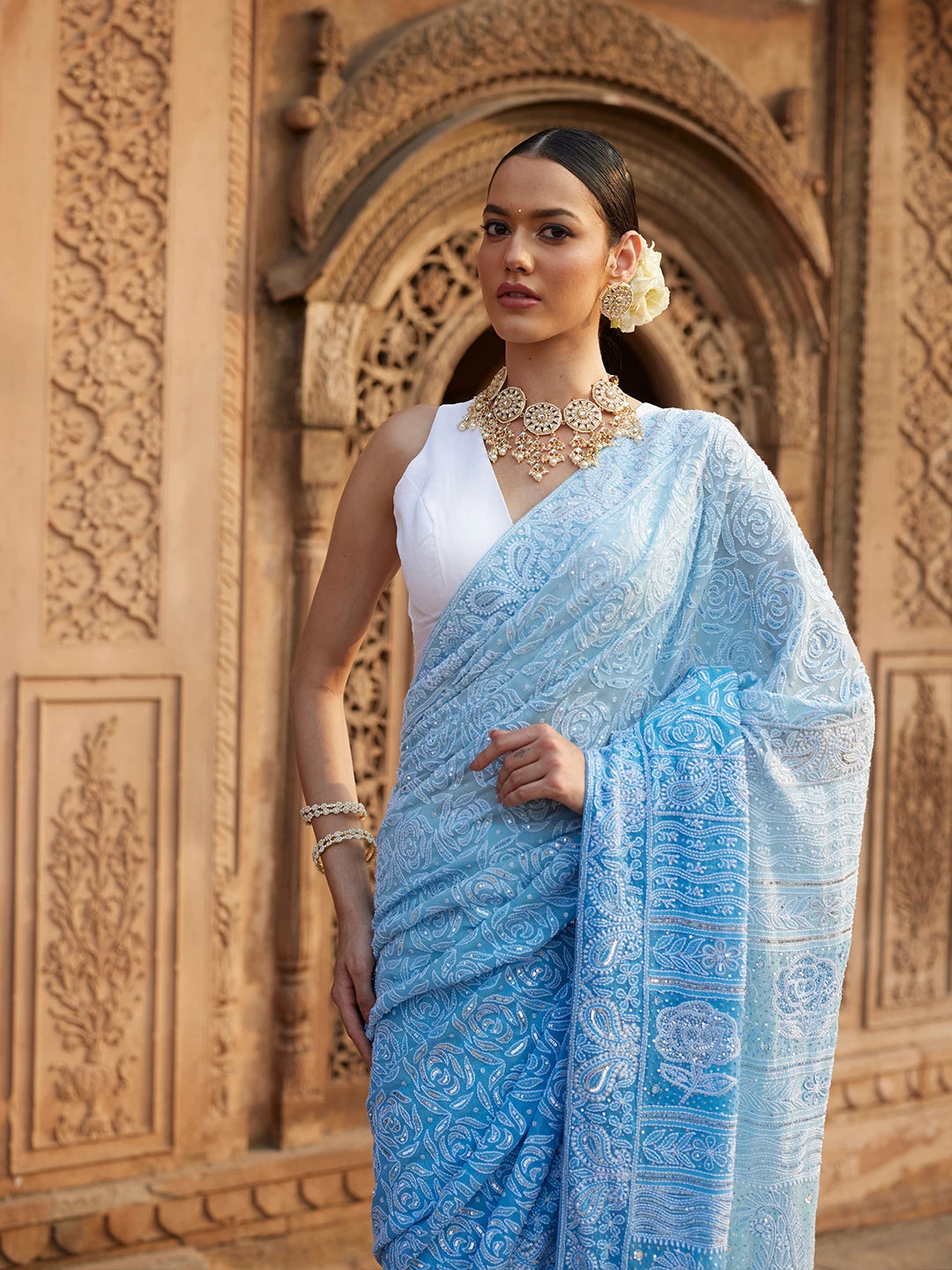 Ada Hand Embroidered Blue Pure Georgette Lucknowi Chikankari Saree and Blouse With Sequins Work 01A654413