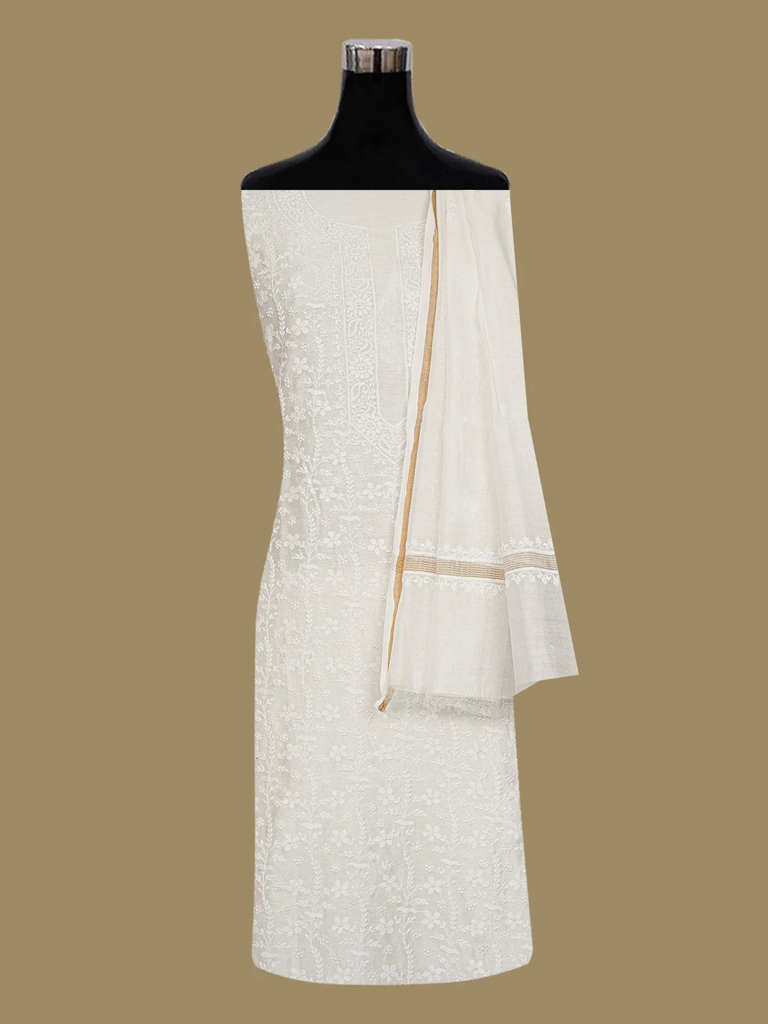 Ada Hand Embroidered White Chanderi Lucknowi Chikankari Unstitched Kurta Dupatta Set 01A689542