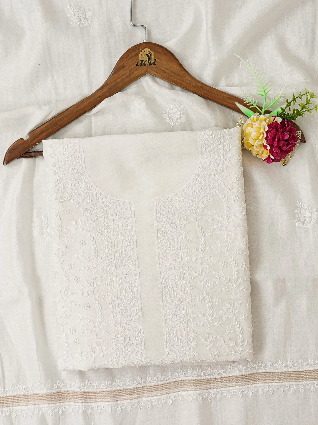 Ada Hand Embroidered White Chanderi Lucknowi Chikankari Unstitched Kurta Dupatta Set 01A689542
