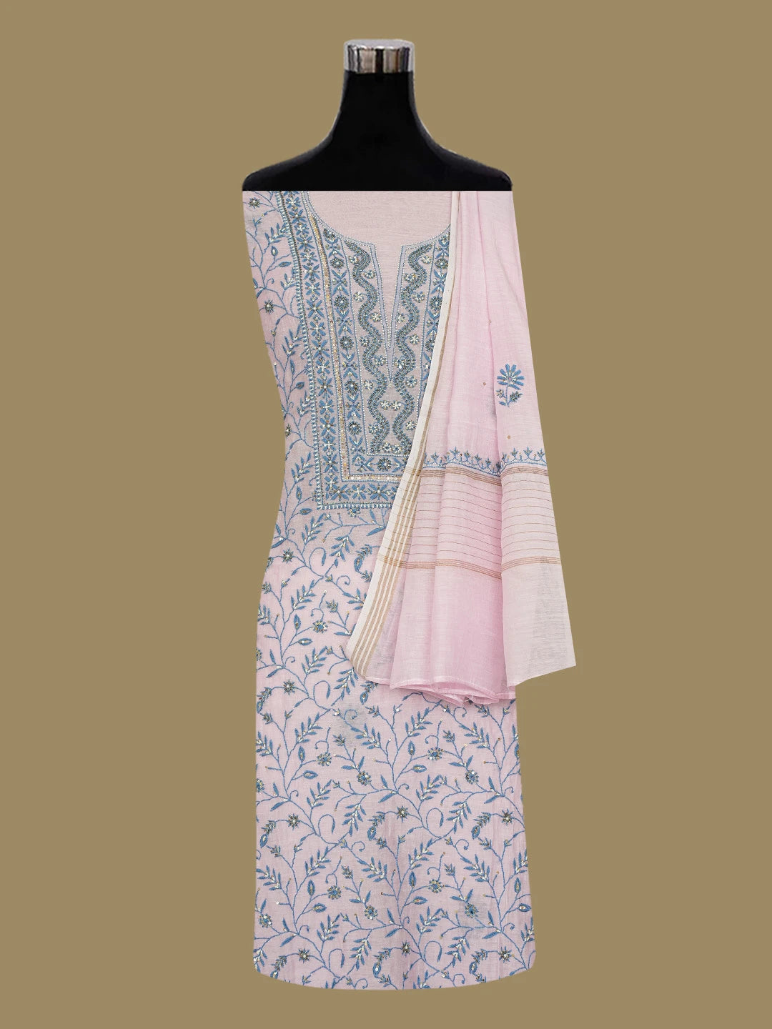 Ada Hand Embroidered Pink Chanderi Lucknowi Chikankari Unstitched Kurta Dupatta Set With Pearl Work 01A453010