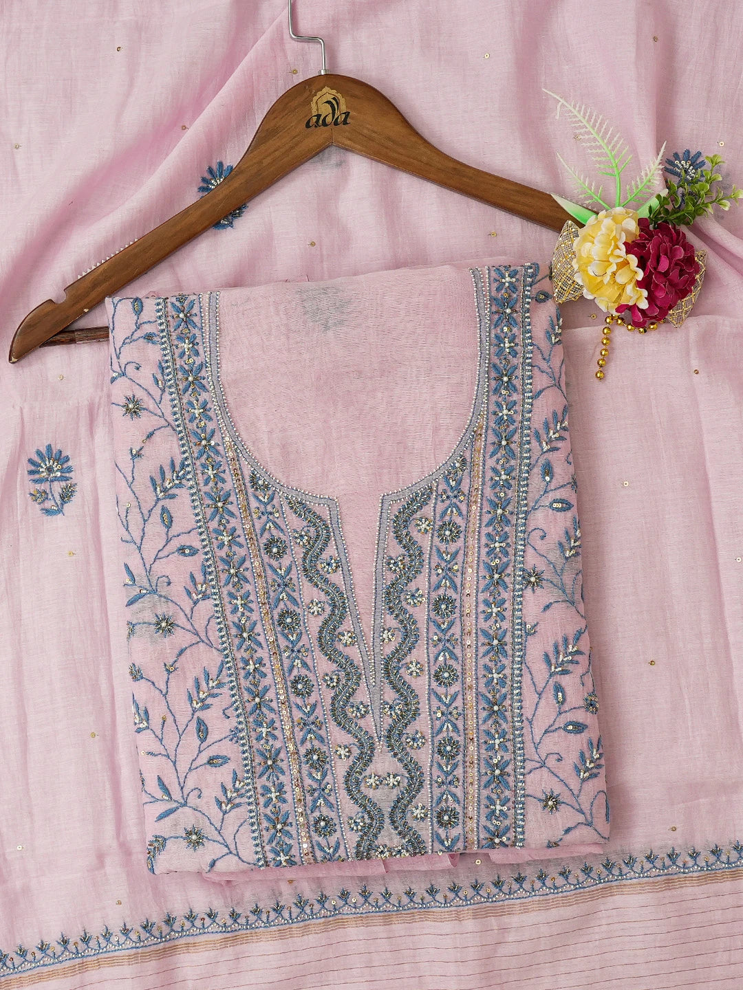 Ada Hand Embroidered Pink Chanderi Lucknowi Chikankari Unstitched Kurta Dupatta Set With Pearl Work 01A453010