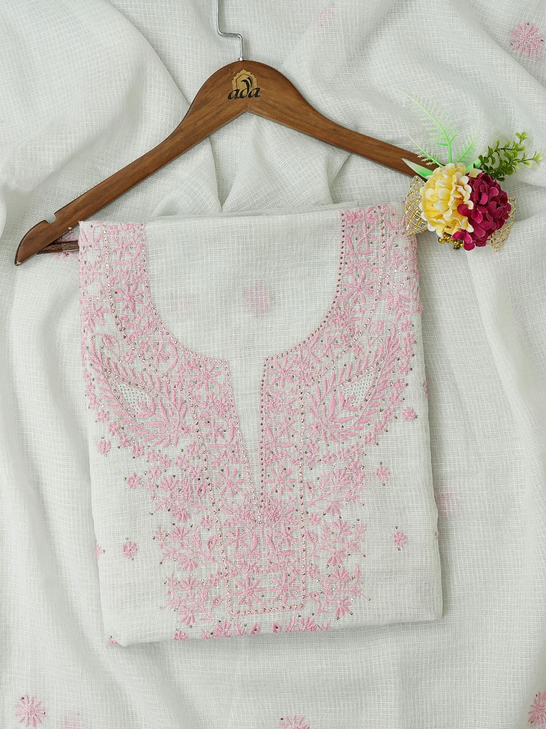 Ada Hand Embroidered Honeydew Green Kota Lucknowi Chikankari Unstitched Kurta Dupatta Set With Mukaish Work 01A553078