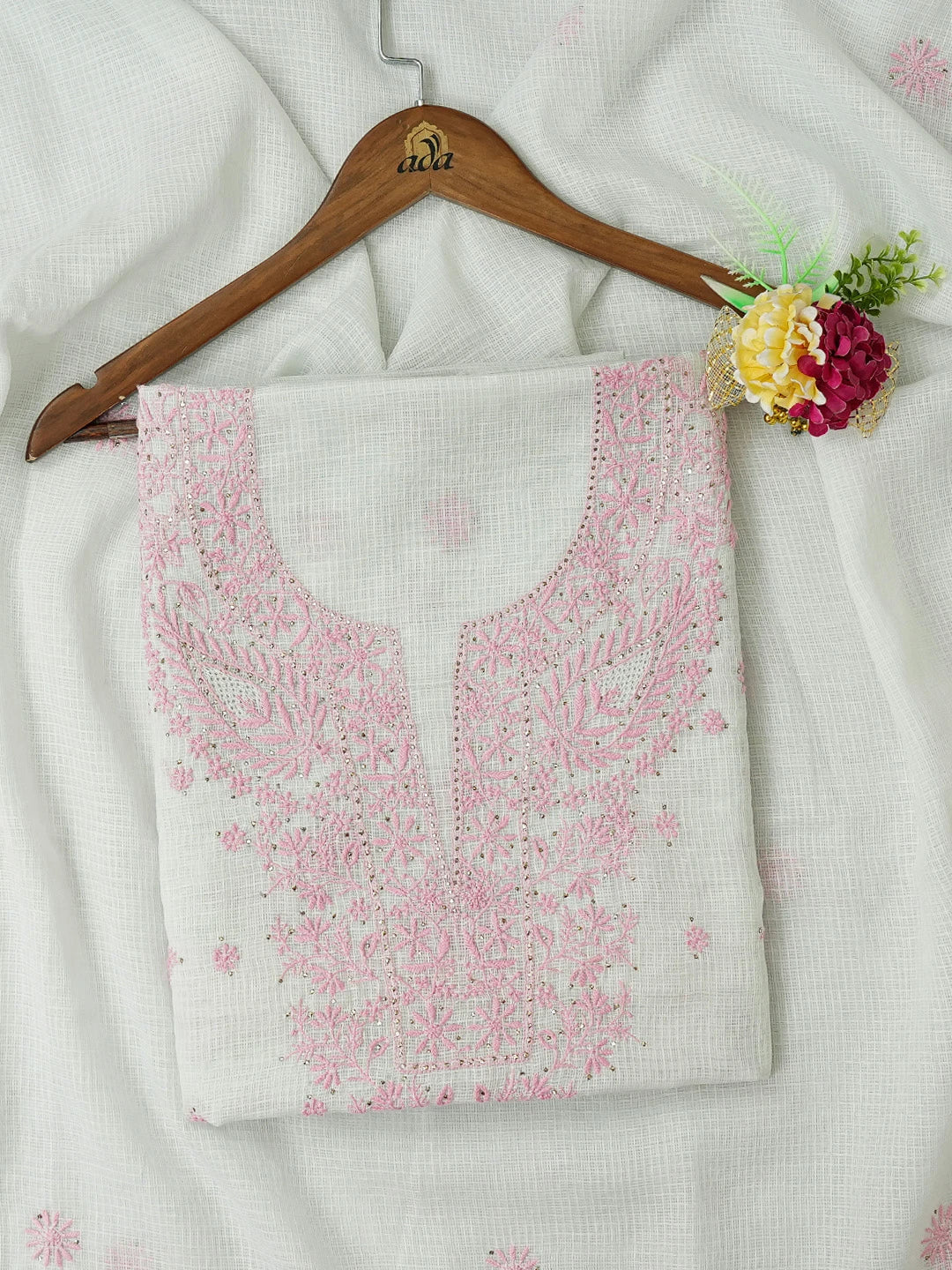 Ada Hand Embroidered Honeydew Green Kota Lucknowi Chikankari Unstitched Kurta Dupatta Set With Mukaish Work 01A553078