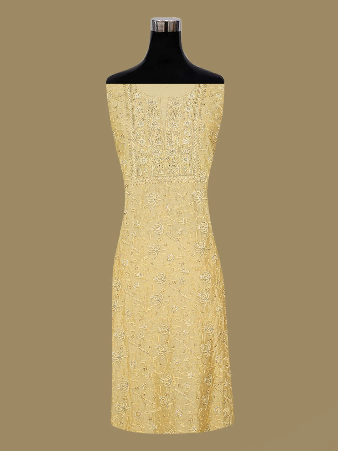 Ada Hand Embroidered Arylide Yellow Chanderi Lucknowi Chikankari Unstitched Kurta Dupatta Set With Cutadana Work 01A535356