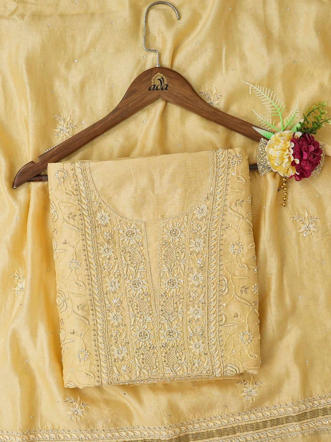 Ada Hand Embroidered Arylide Yellow Chanderi Lucknowi Chikankari Unstitched Kurta Dupatta Set With Cutadana Work 01A535356