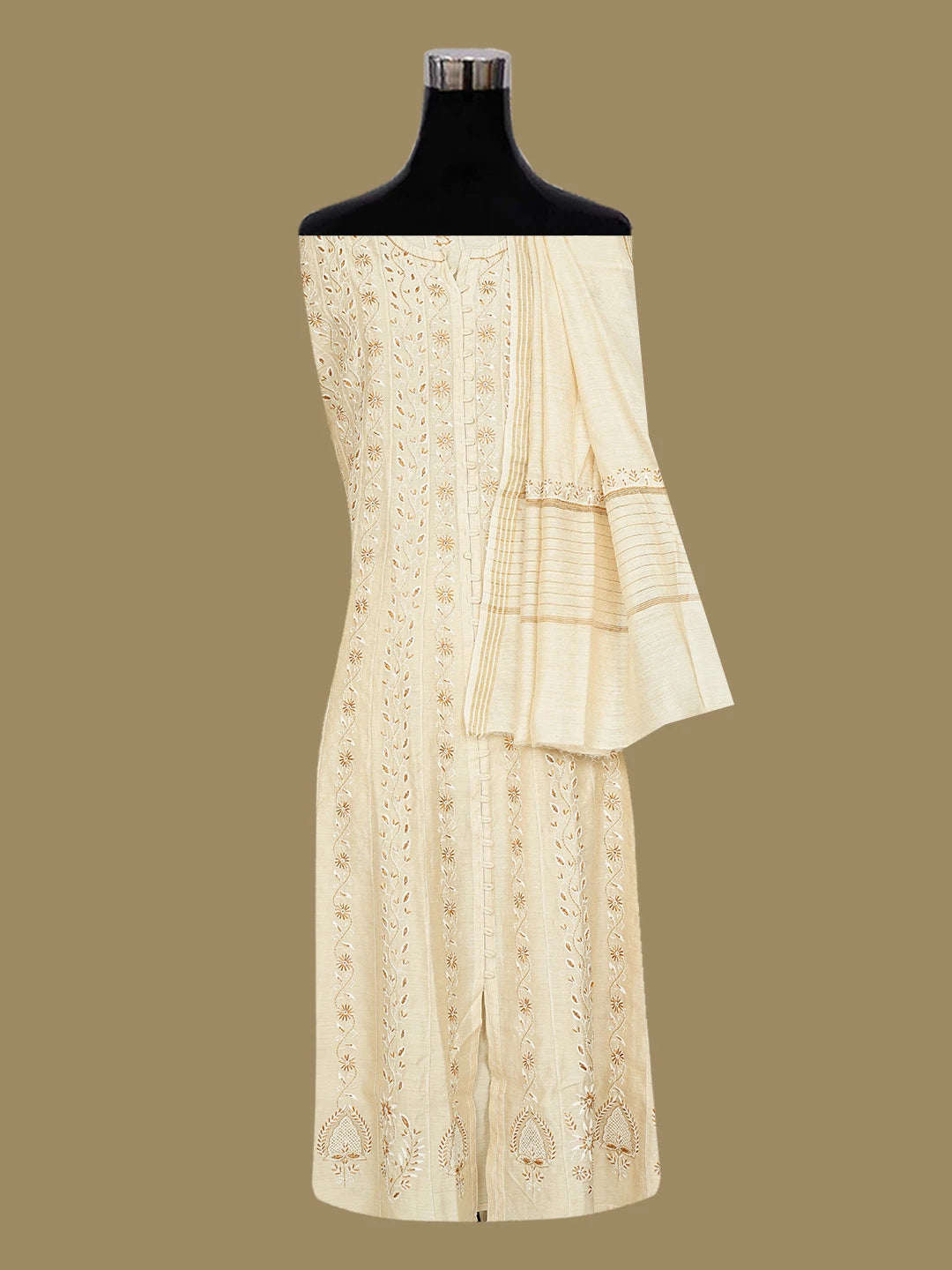Ada Hand Embroidered Fawn Moonga Silk Lucknowi Chikankari Semi-Stitched Anarkali Kurta Dupatta Set with Cutdana Work 01A618440