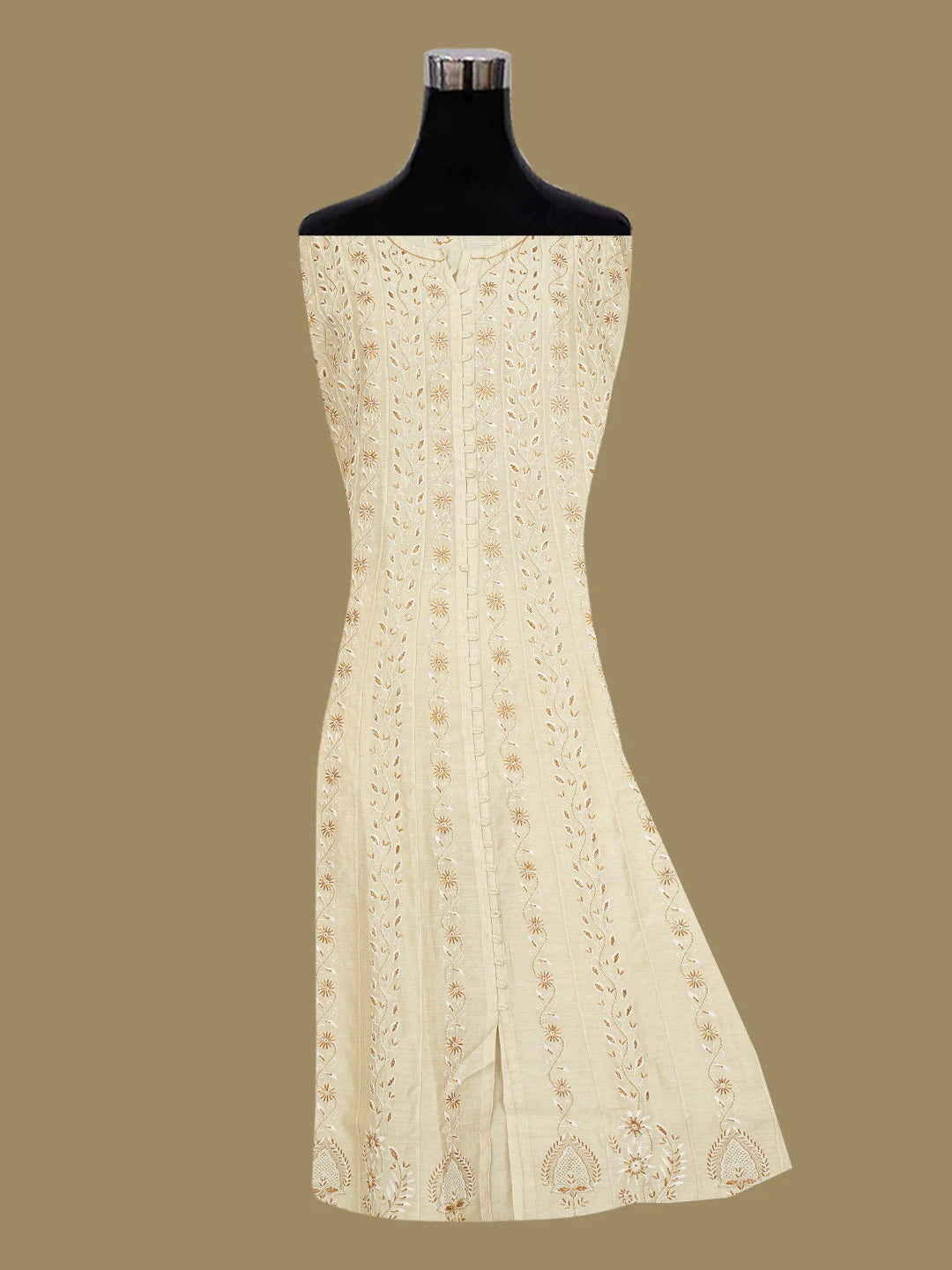 Ada Hand Embroidered Fawn Moonga Silk Lucknowi Chikankari Semi-Stitched Anarkali Kurta Dupatta Set with Cutdana Work 01A618440