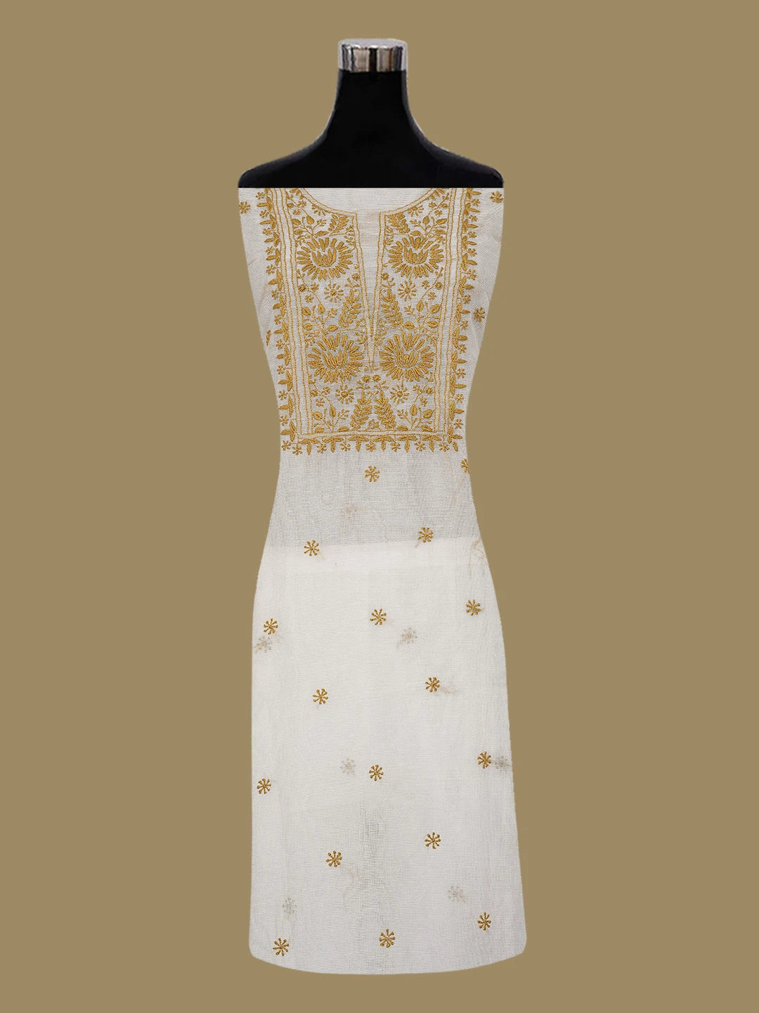 Ada Hand Embroidered White Super Net Lucknowi Chikankari Unstitched Kurta Dupatta Set 01A409828