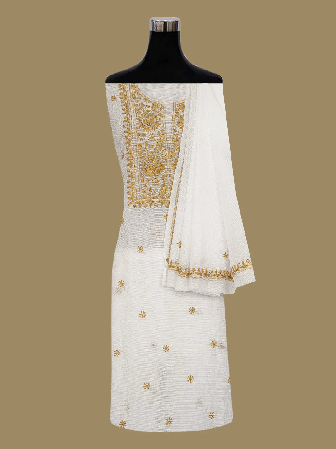 Ada Hand Embroidered White Super Net Lucknowi Chikankari Unstitched Kurta Dupatta Set 01A409828