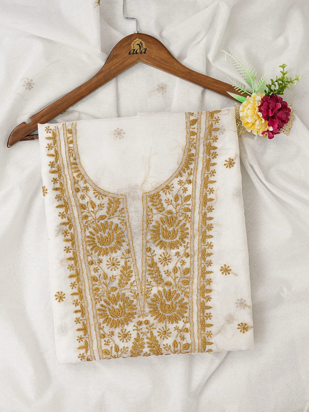 Ada Hand Embroidered White Super Net Lucknowi Chikankari Unstitched Kurta Dupatta Set 01A409828