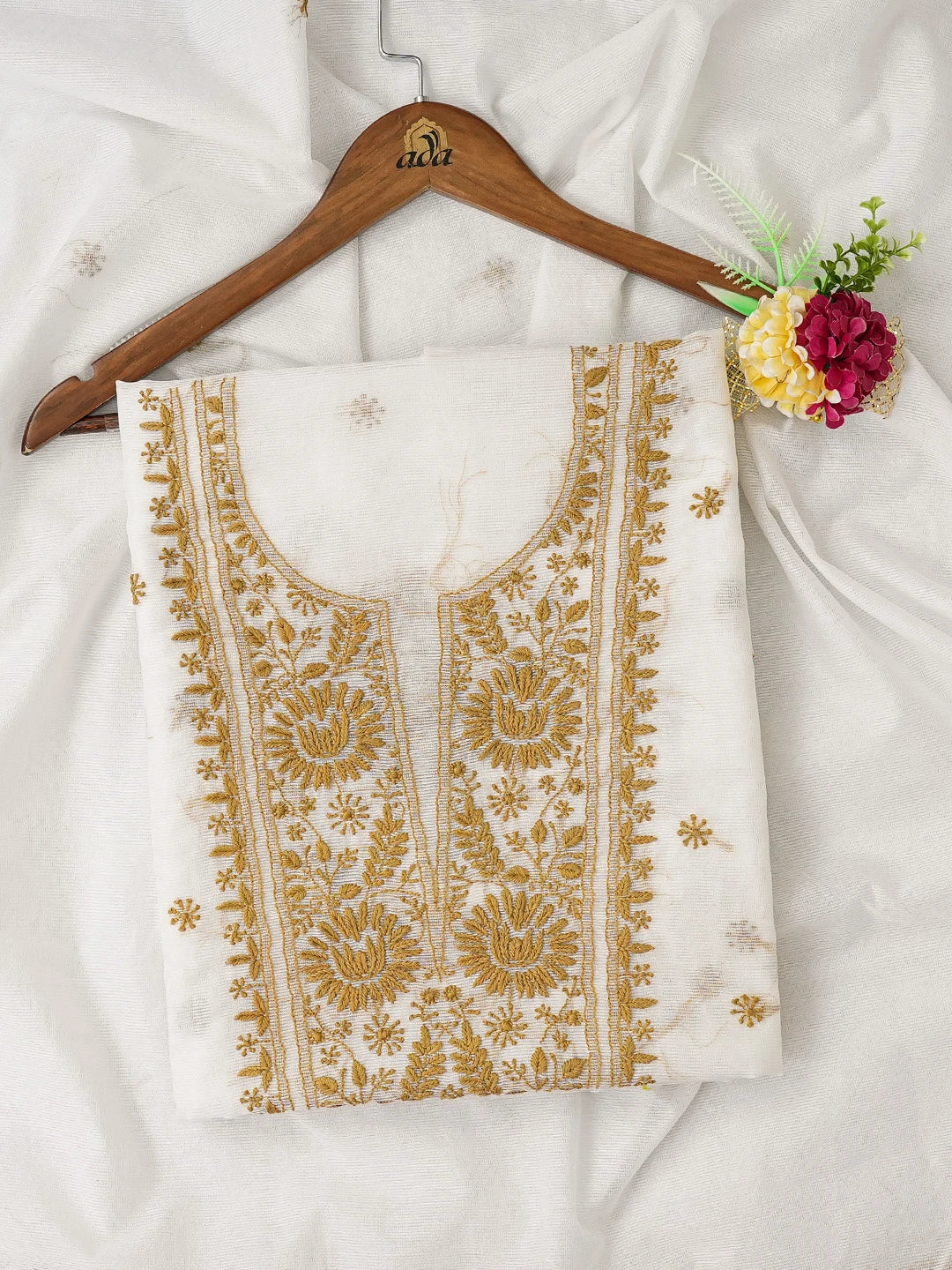 Ada Hand Embroidered White Super Net Lucknowi Chikankari Unstitched Kurta Dupatta Set 01A409828