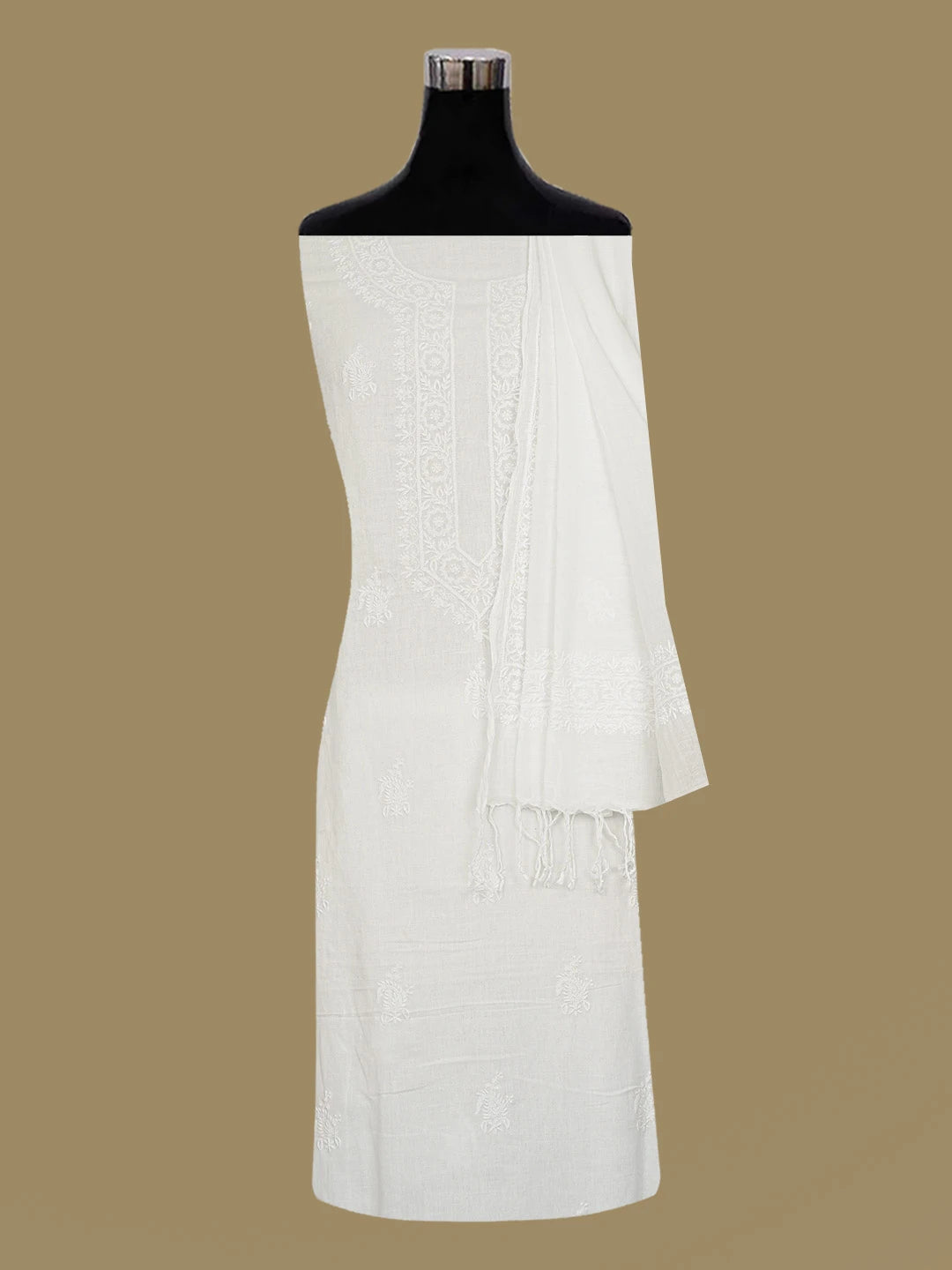 Ada Hand Embroidered White Linen Lucknowi Chikankari Unstitched Kurta Dupatta Set 01A571732