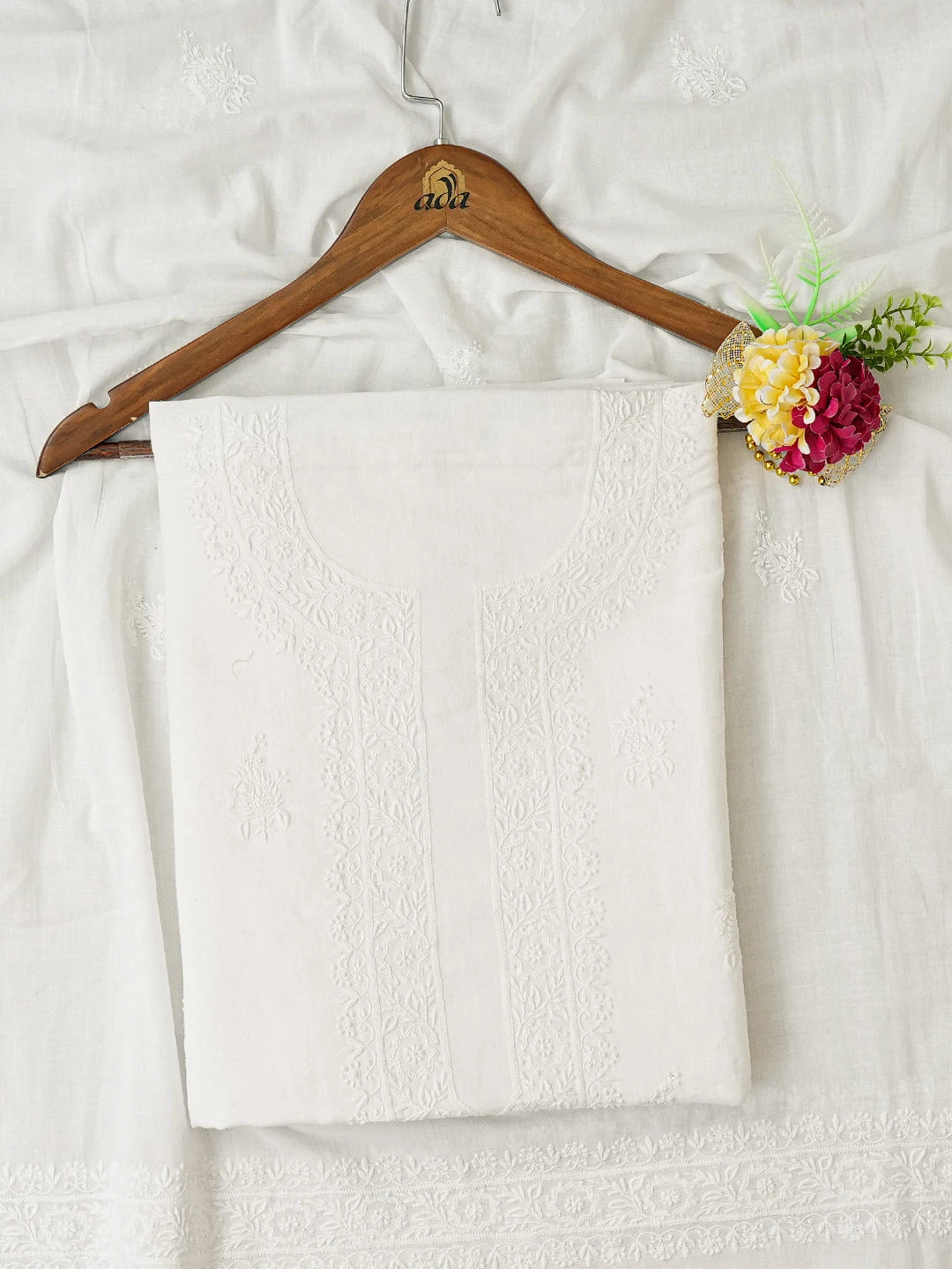 Ada Hand Embroidered White Linen Lucknowi Chikankari Unstitched Kurta Dupatta Set 01A571732