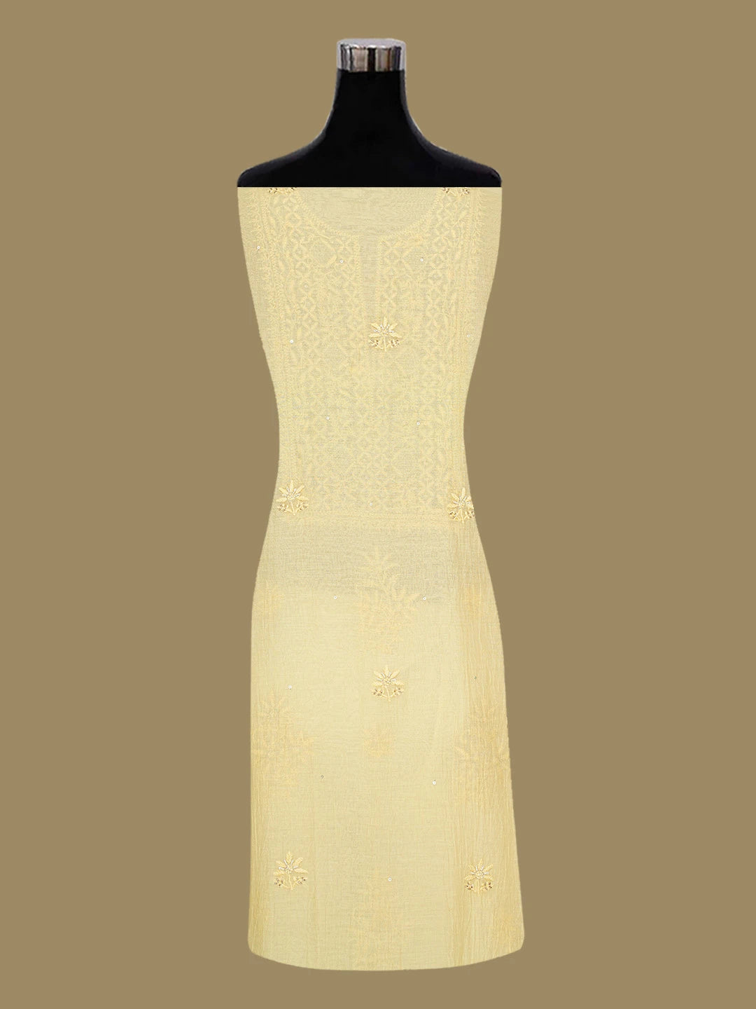 Ada Hand Embroidered Flax Yellow Chanderi Lucknowi Chikankari Unstitched Kurta Dupatta Set With Cutdana Work 01A602029