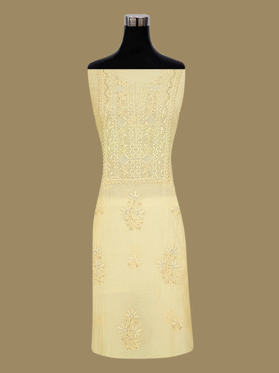 Ada Hand Embroidered Flax Yellow Chanderi Lucknowi Chikankari Unstitched Kurta Dupatta Set With Cutdana Work 01A602029