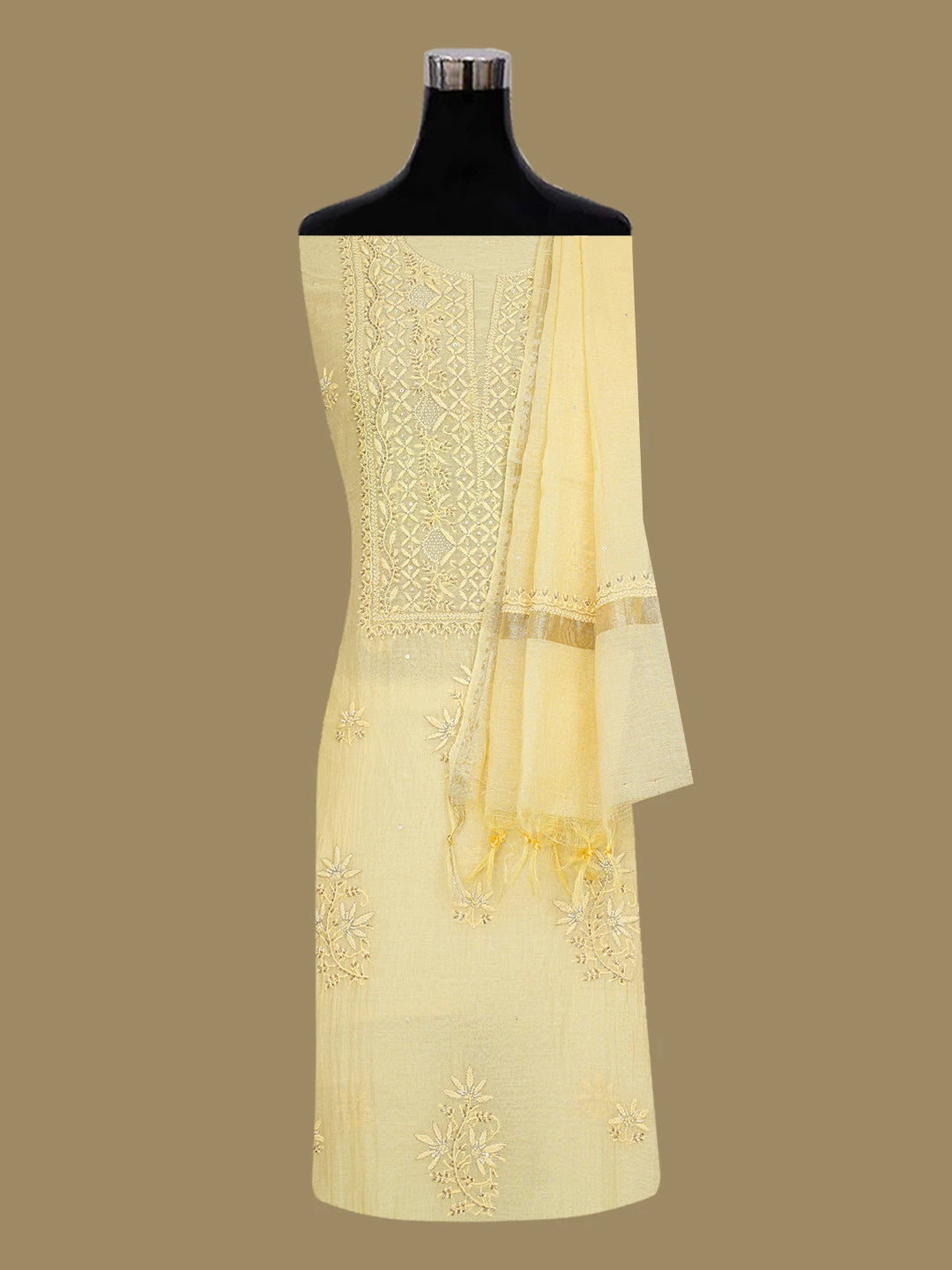 Ada Hand Embroidered Flax Yellow Chanderi Lucknowi Chikankari Unstitched Kurta Dupatta Set With Cutdana Work 01A602029