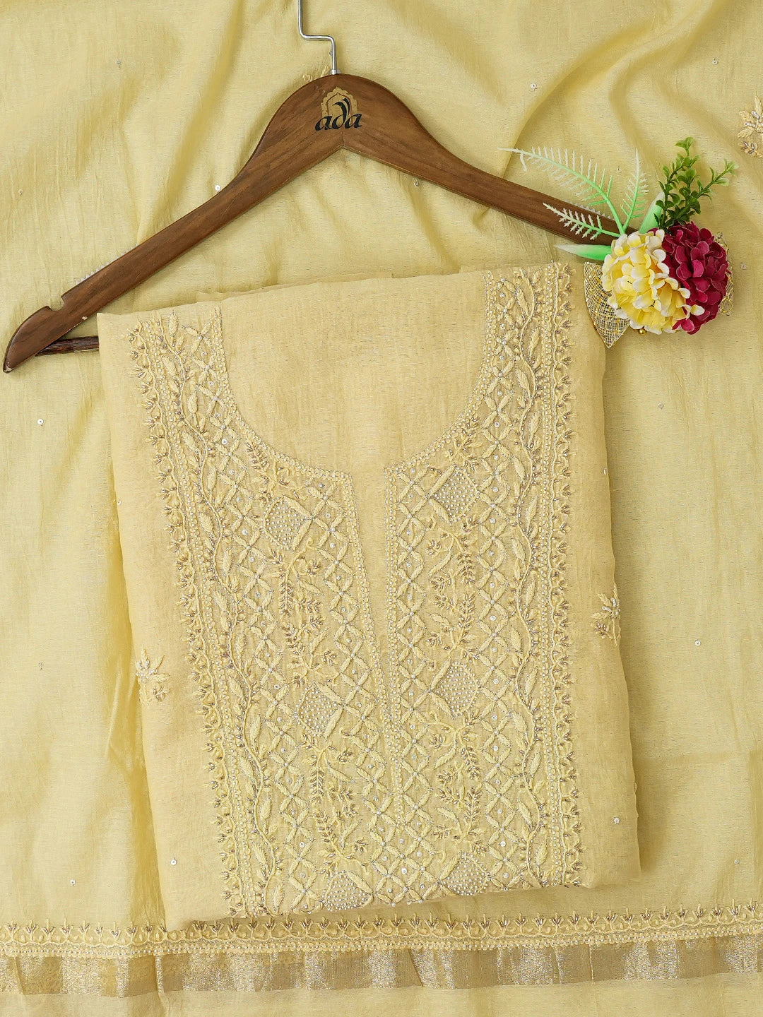 Ada Hand Embroidered Flax Yellow Chanderi Lucknowi Chikankari Unstitched Kurta Dupatta Set With Cutdana Work 01A602029