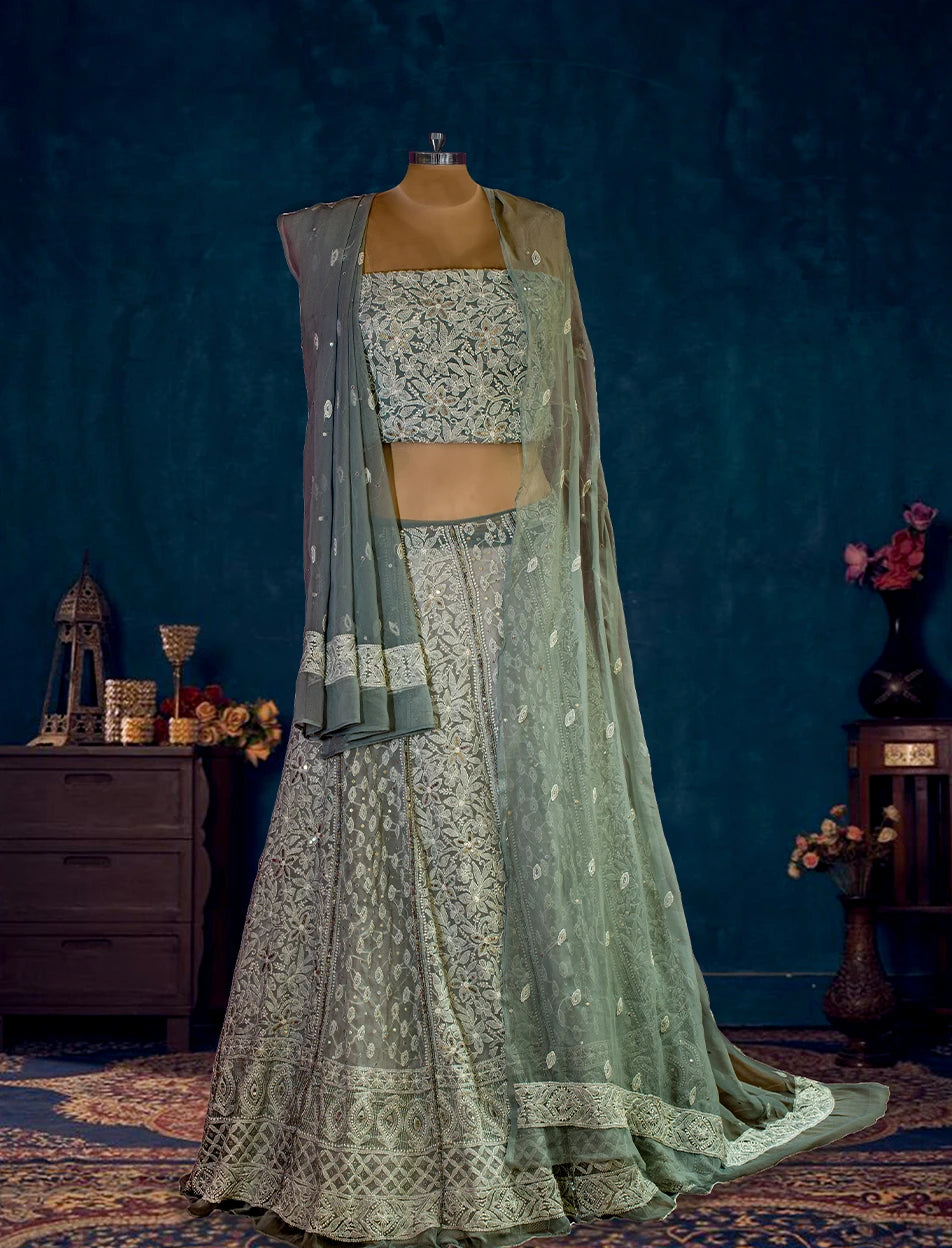 Ada Hand Embroidered Grey Georgette Lucknowi Chikankari Lehenga Set With Sequins Work 01A686179