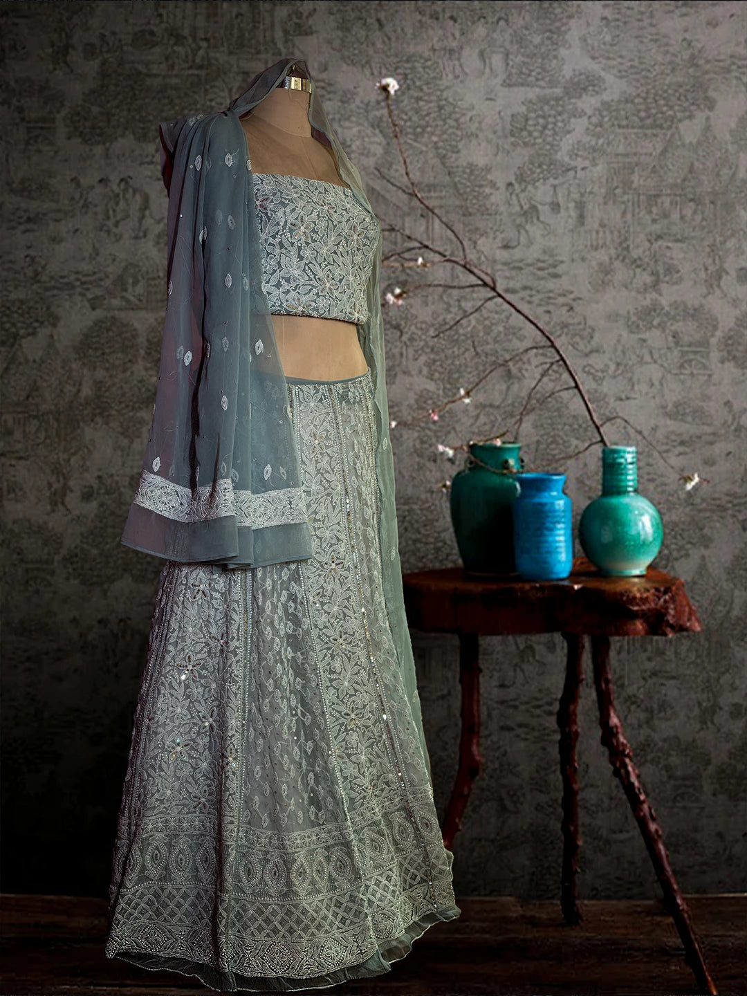 Ada Hand Embroidered Grey Georgette Lucknowi Chikankari Lehenga Set With Sequins Work 01A686179